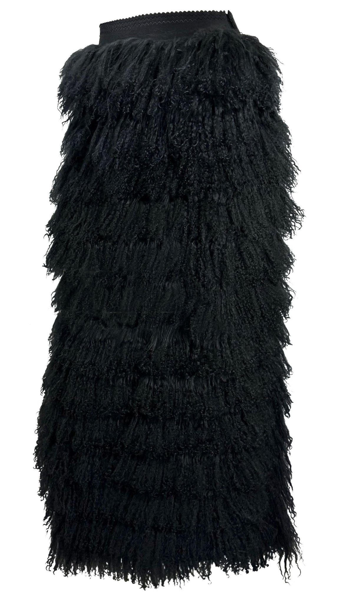 F/W 1999 Dolce & Gabbana Runway Mongolian Lamb Tiered Fur Sheer Black Skirt - RealList
