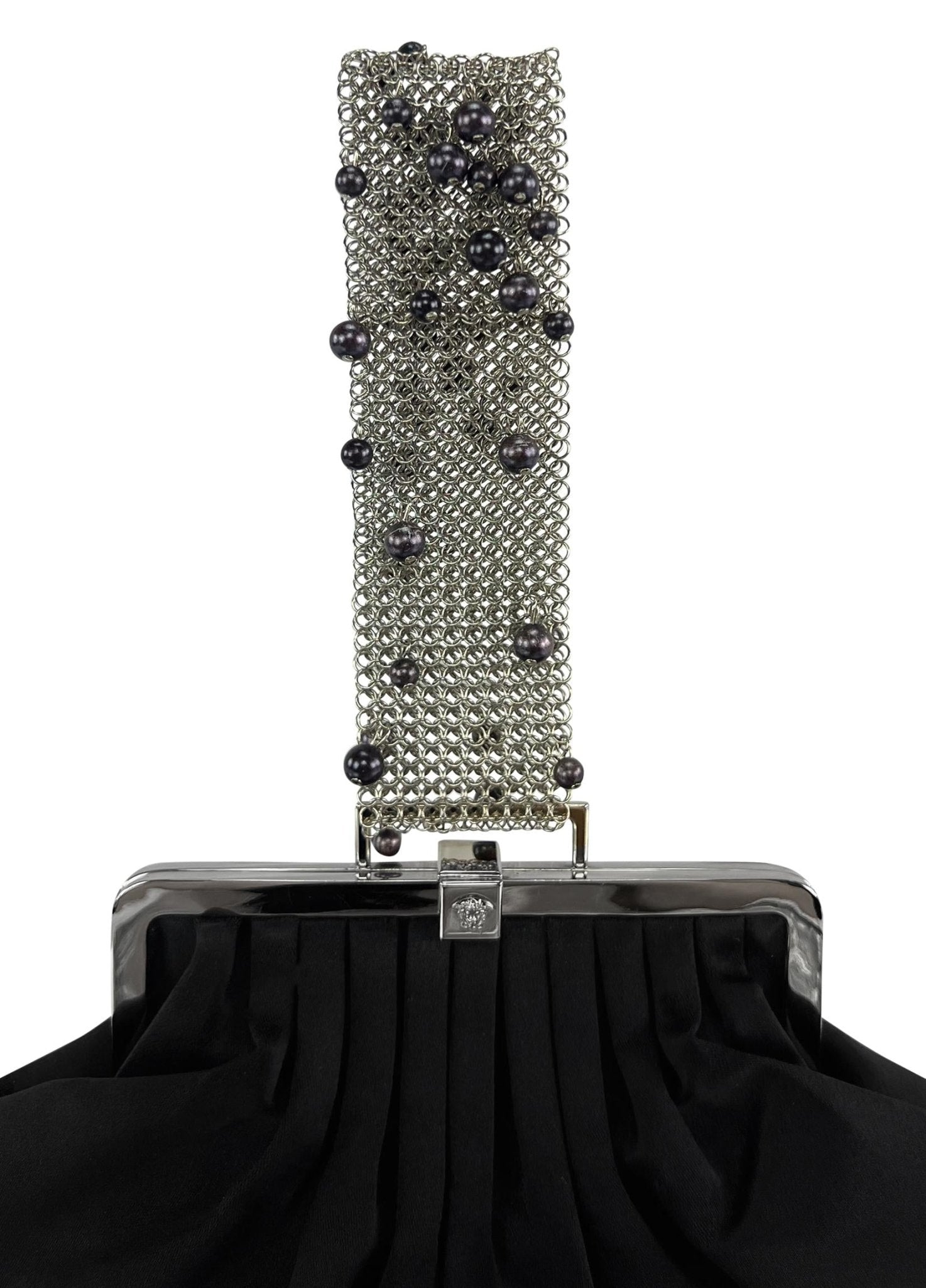 F/W 1999 Gianni Versace by Donatella Black Pearl Chainmail Satin Evening Bag - RealList