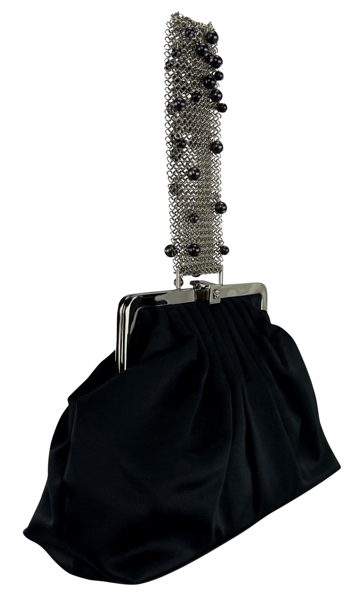 F/W 1999 Gianni Versace by Donatella Black Pearl Chainmail Satin Evening Bag - RealList