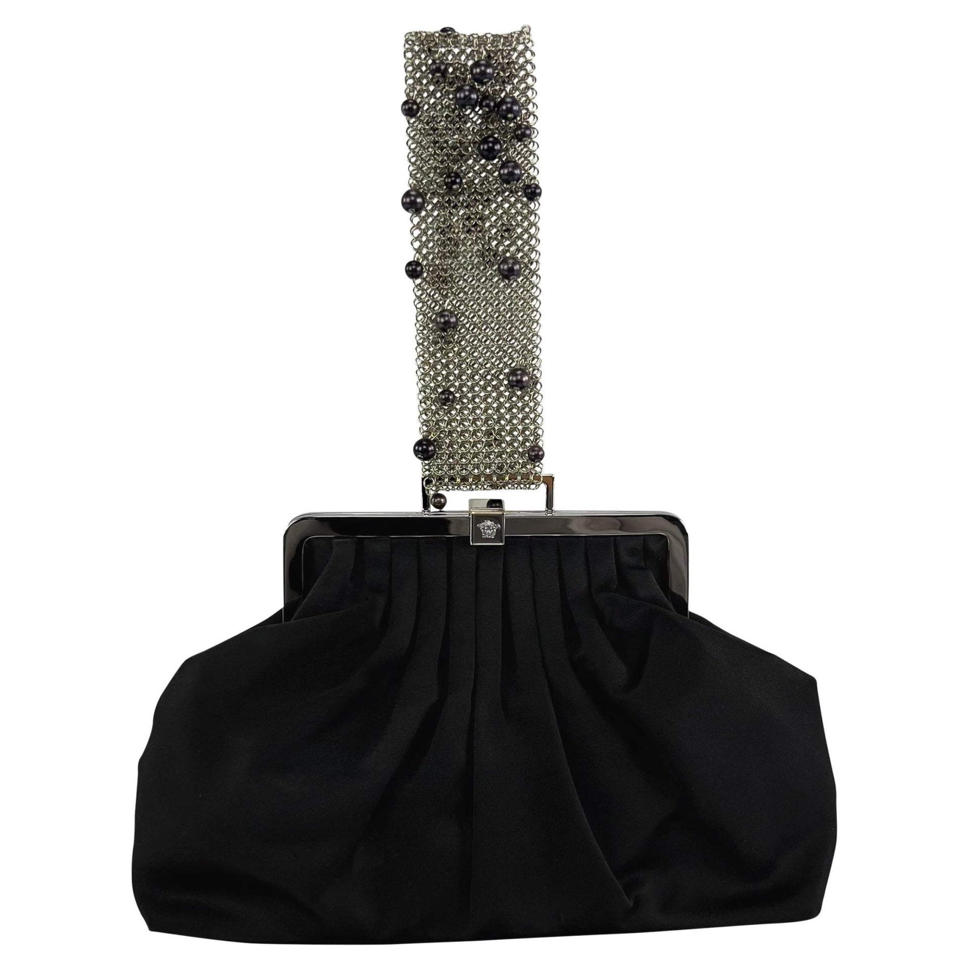 F/W 1999 Gianni Versace by Donatella Black Pearl Chainmail Satin Evening Bag - RealList