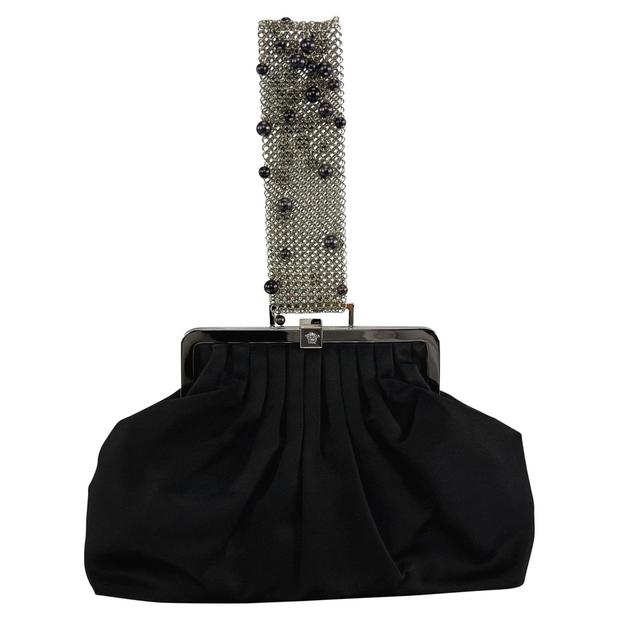 F/W 1999 Gianni Versace by Donatella Black Pearl Chainmail Satin Evening Bag - RealList