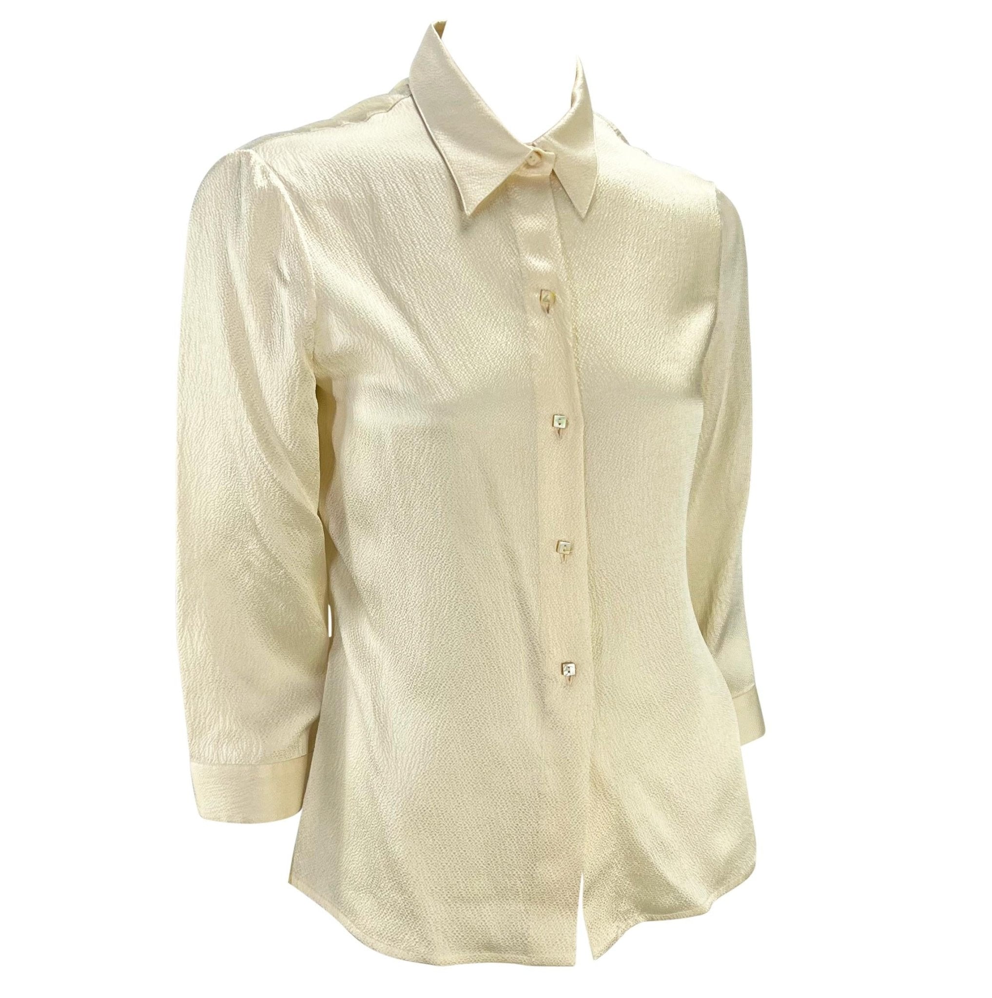 F/W 1999 Gianni Versace by Donatella Creme White Satin Crepe Button Up Blouse - RealList