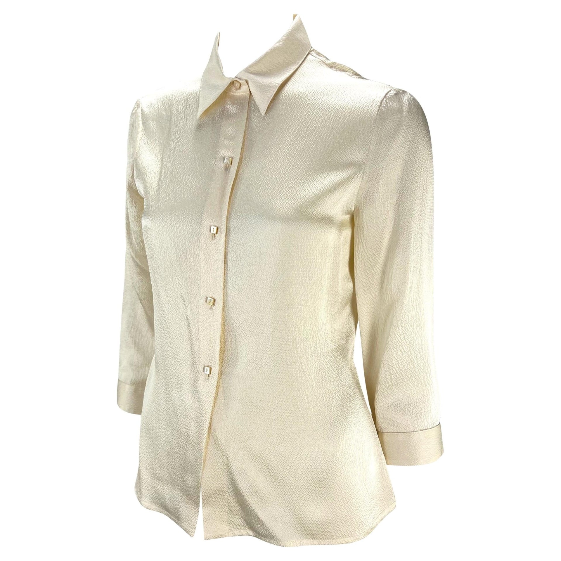 F/W 1999 Gianni Versace by Donatella Creme White Satin Crepe Button Up Blouse - RealList