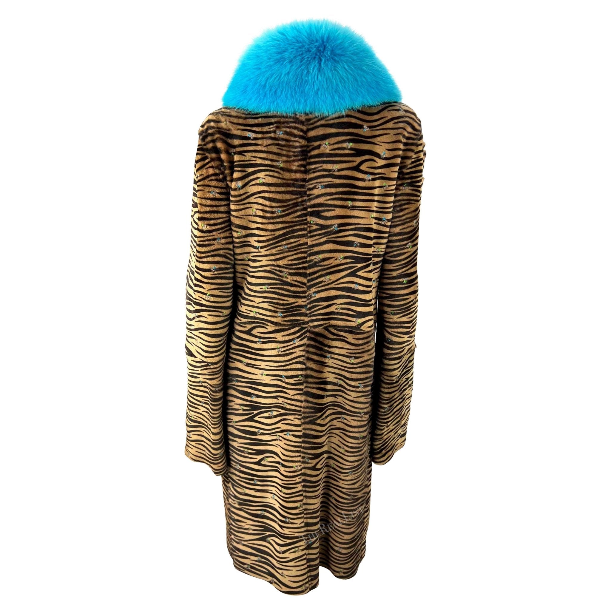 F/W 1999 Gianni Versace by Donatella Embroidered Pony Hair Blue Fox Fur Coat - RealList