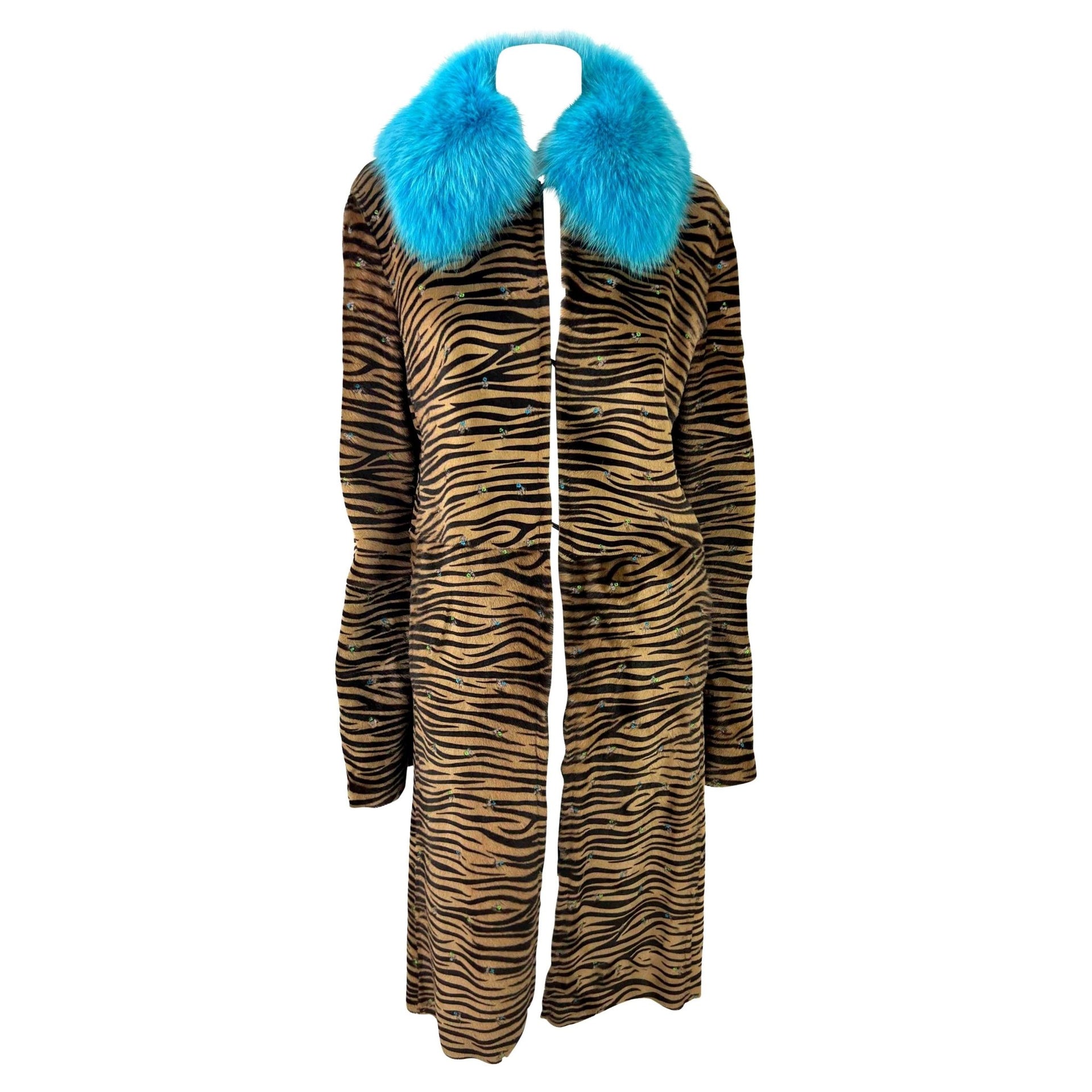 F/W 1999 Gianni Versace by Donatella Embroidered Pony Hair Blue Fox Fur Coat - RealList
