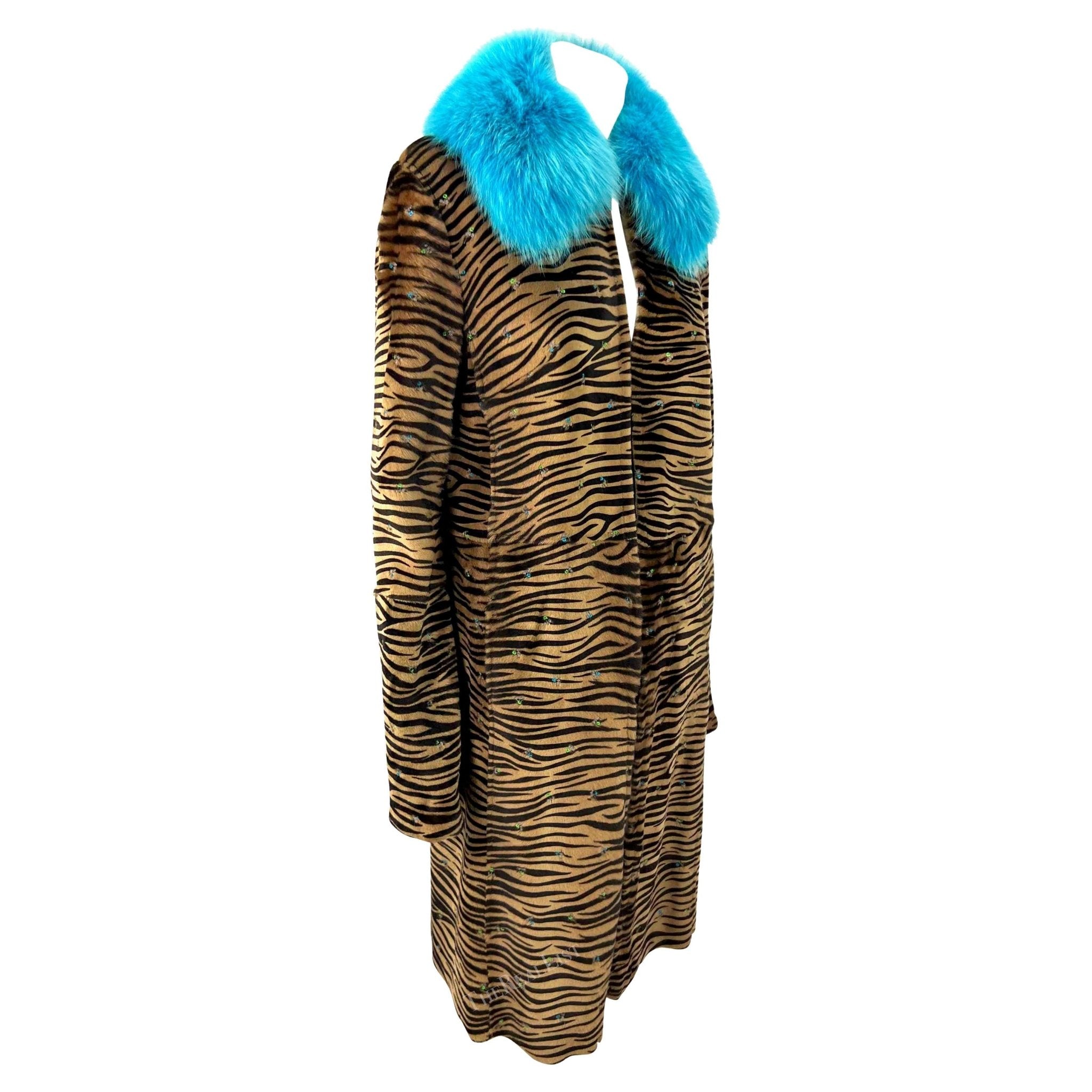 F/W 1999 Gianni Versace by Donatella Embroidered Pony Hair Blue Fox Fur Coat - RealList