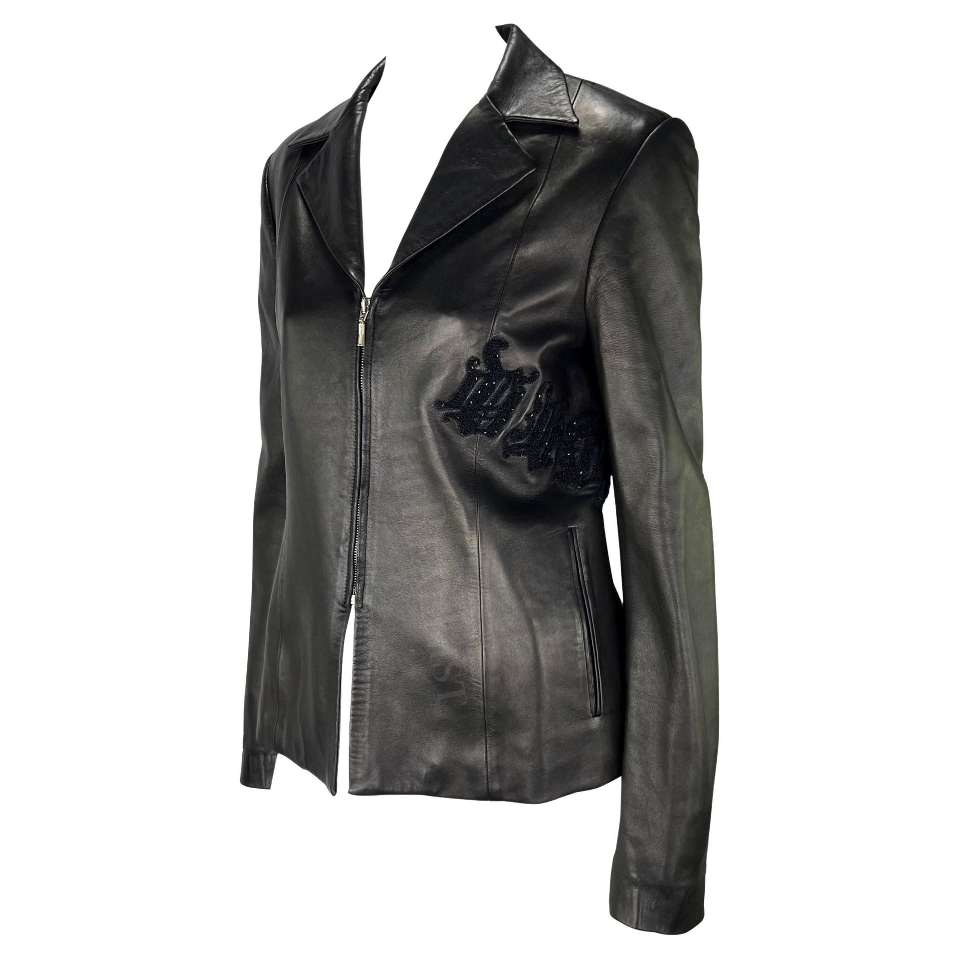 F/W 1999 Gianni Versace by Donatella Logo Embroidered Black Leather Jacket - RealList