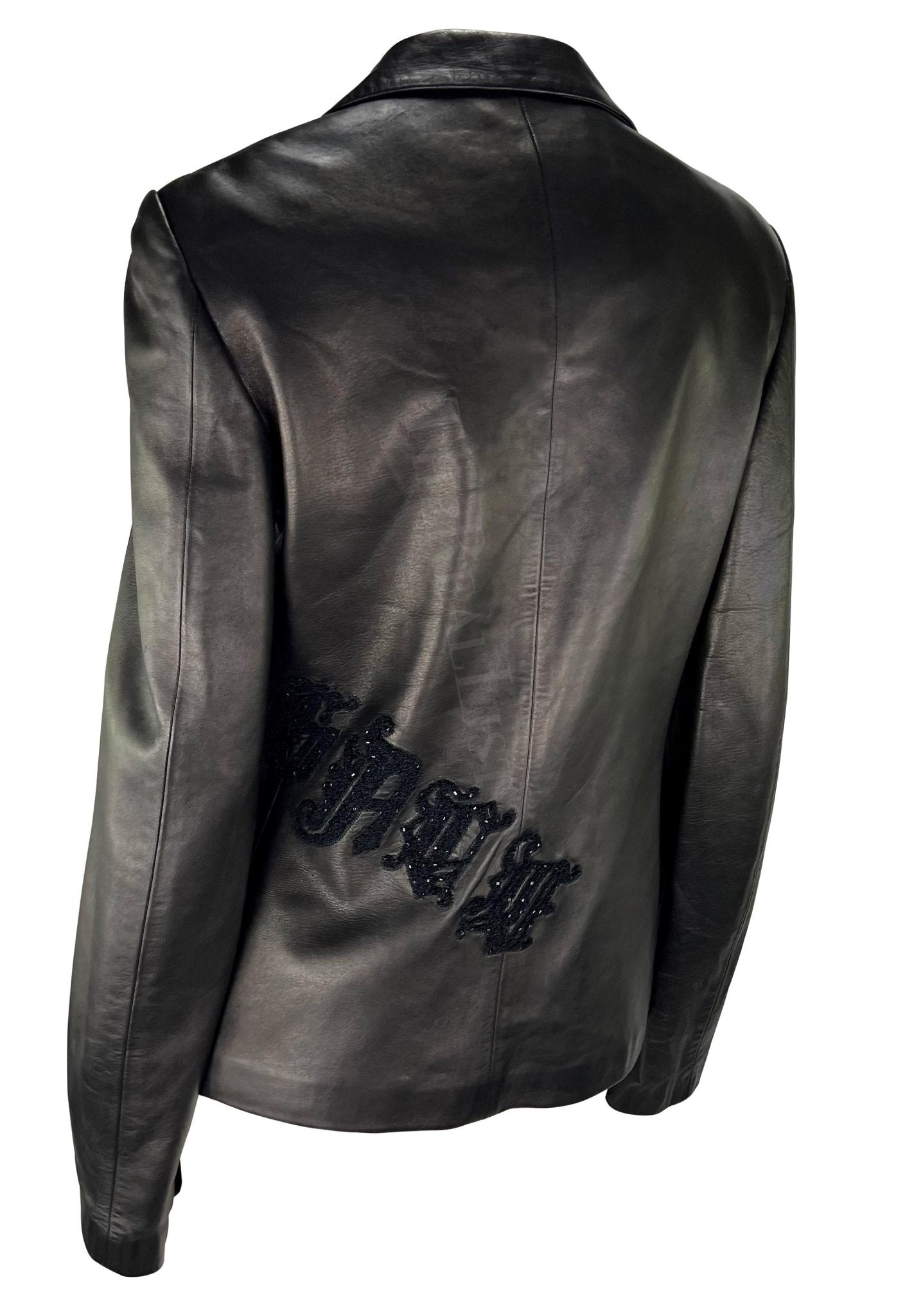 F/W 1999 Gianni Versace by Donatella Logo Embroidered Black Leather Jacket - RealList