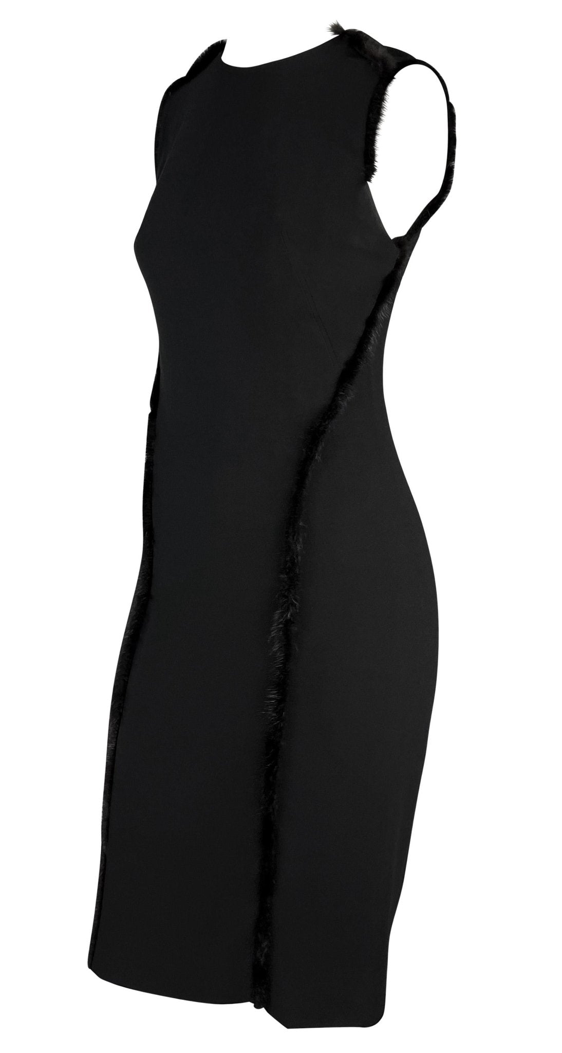 F/W 1999 Gianni Versace by Donatella Mink Fur Trimmed Sleeveless Pencil Dress - RealList