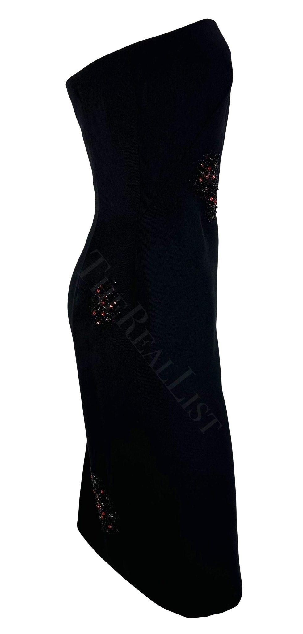 F/W 1999 Gianni Versace by Donatella Red Rhinestone Beaded Black Tube Dress - RealList