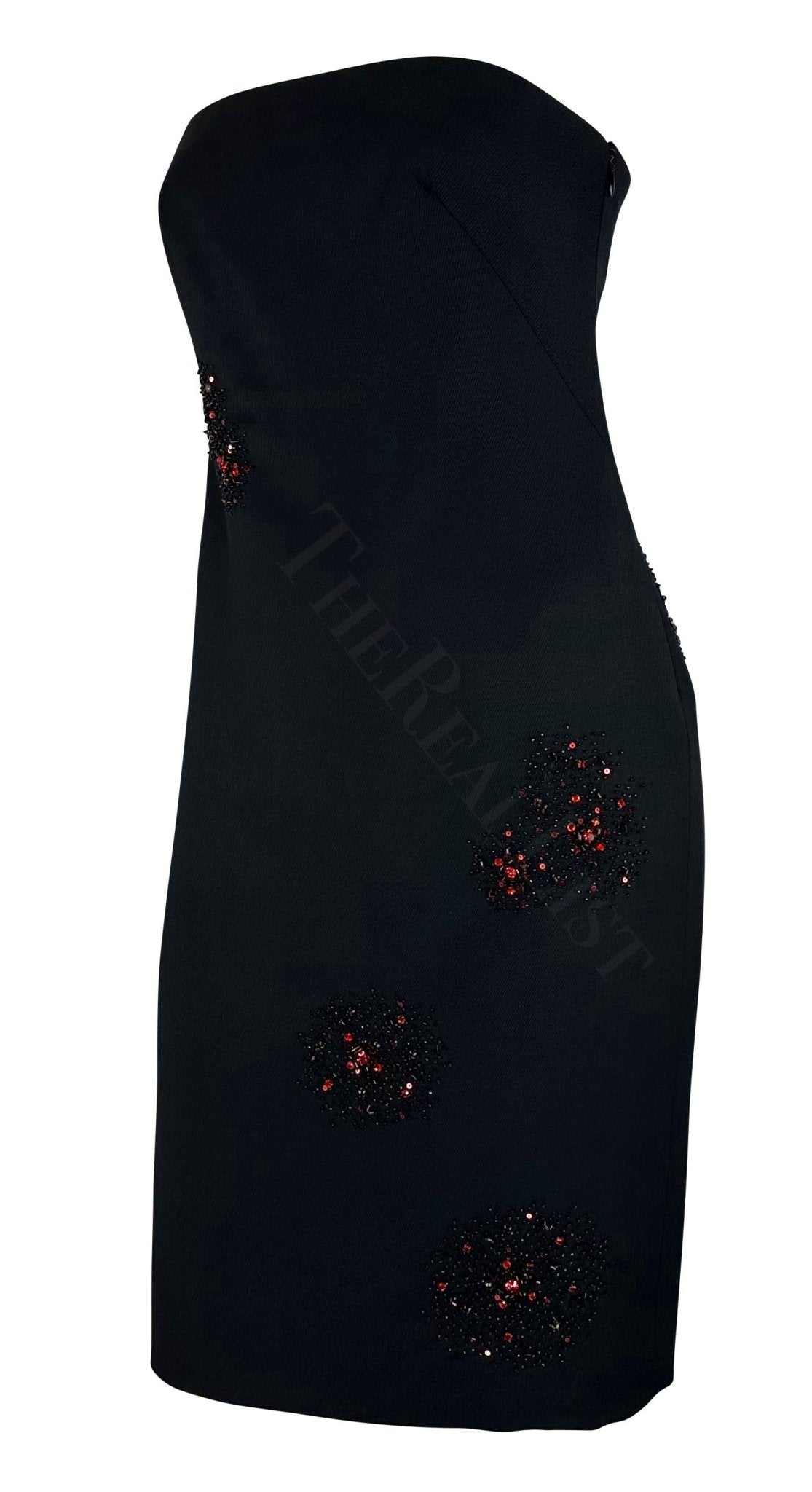 F/W 1999 Gianni Versace by Donatella Red Rhinestone Beaded Black Tube Dress - RealList