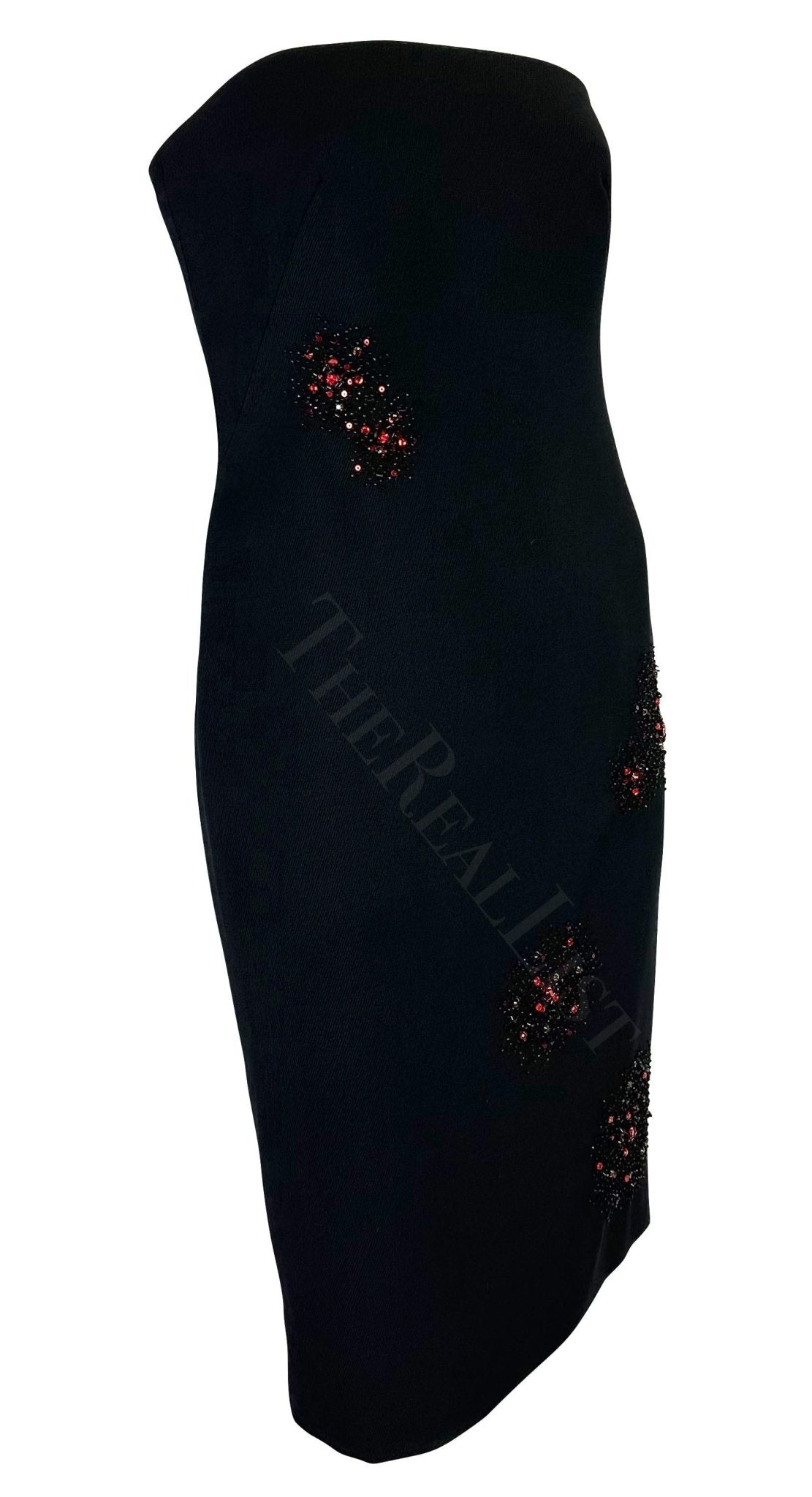 F/W 1999 Gianni Versace by Donatella Red Rhinestone Beaded Black Tube Dress - RealList