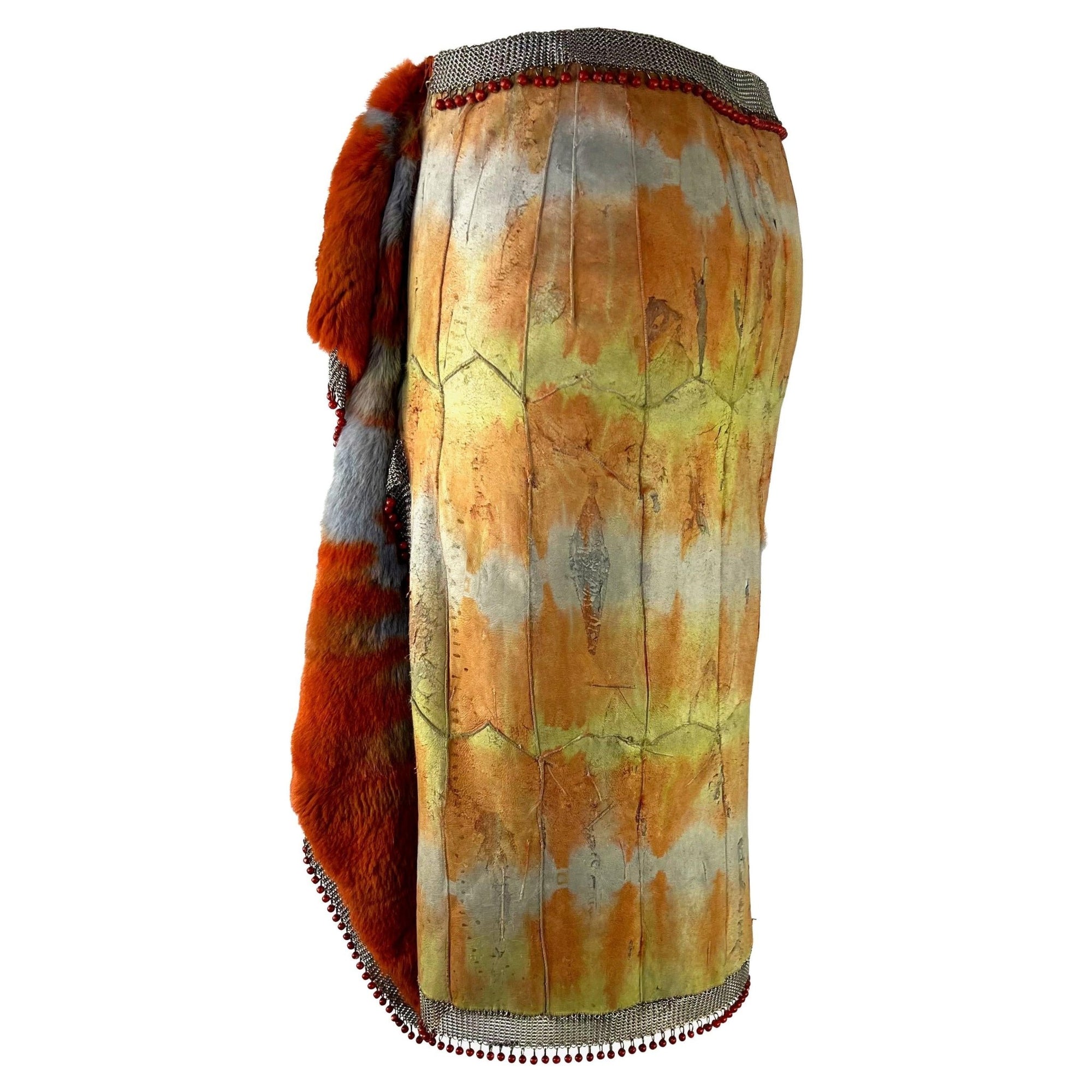 F/W 1999 Gianni Versace by Donatella Runway Ad Dyed Fur Oroton Red Bead Skirt - RealList