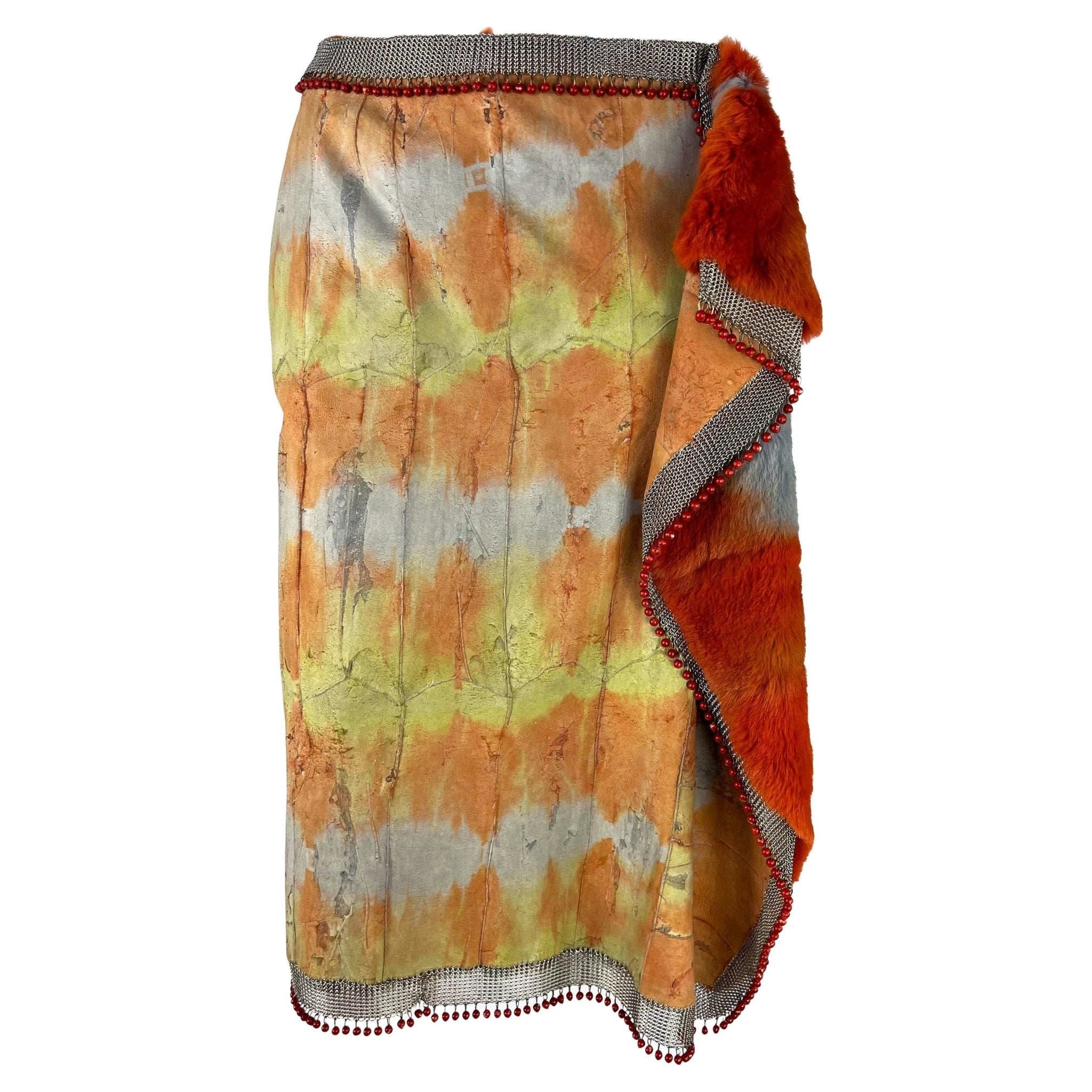 F/W 1999 Gianni Versace by Donatella Runway Ad Dyed Fur Oroton Red Bead Skirt - RealList