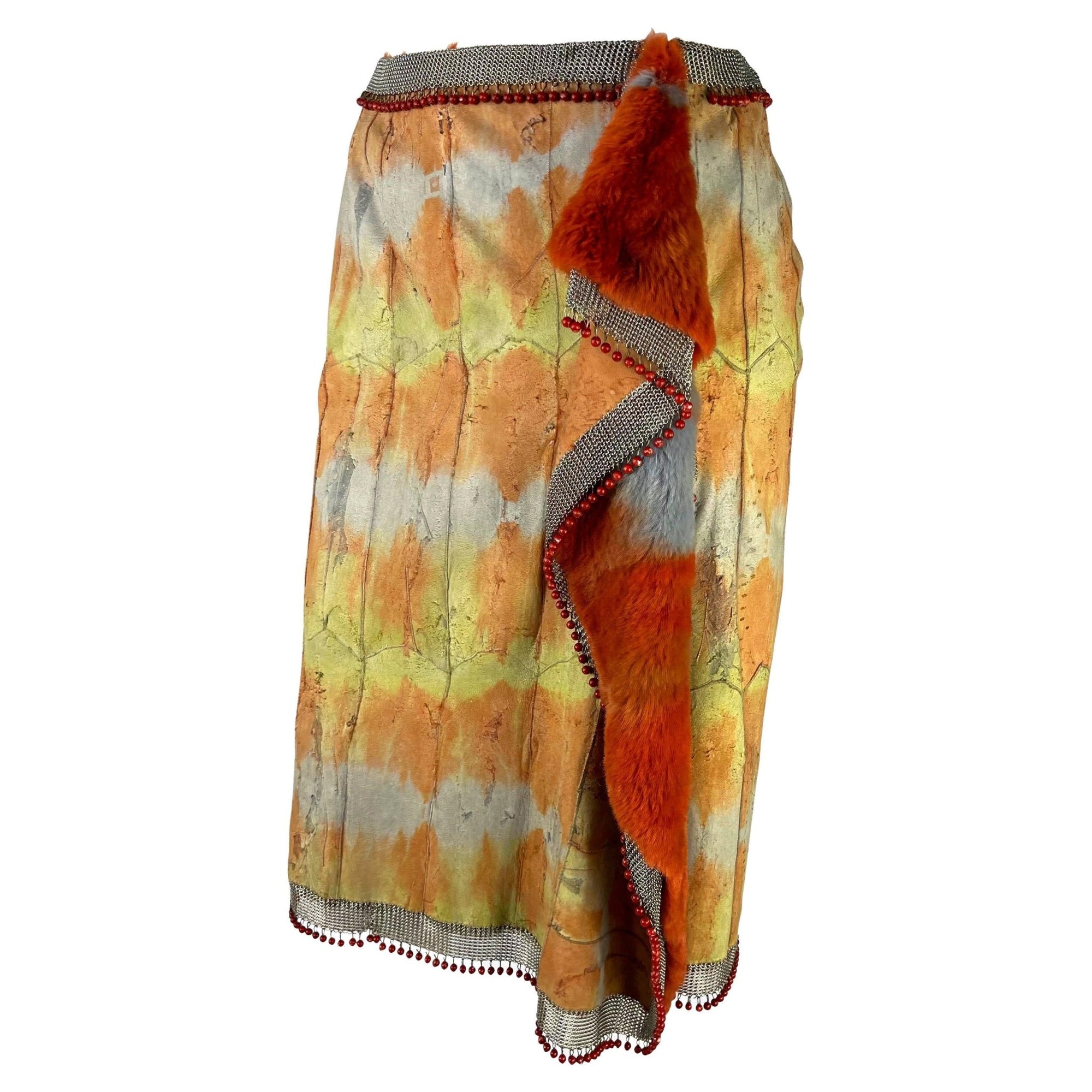 F/W 1999 Gianni Versace by Donatella Runway Ad Dyed Fur Oroton Red Bead Skirt - RealList