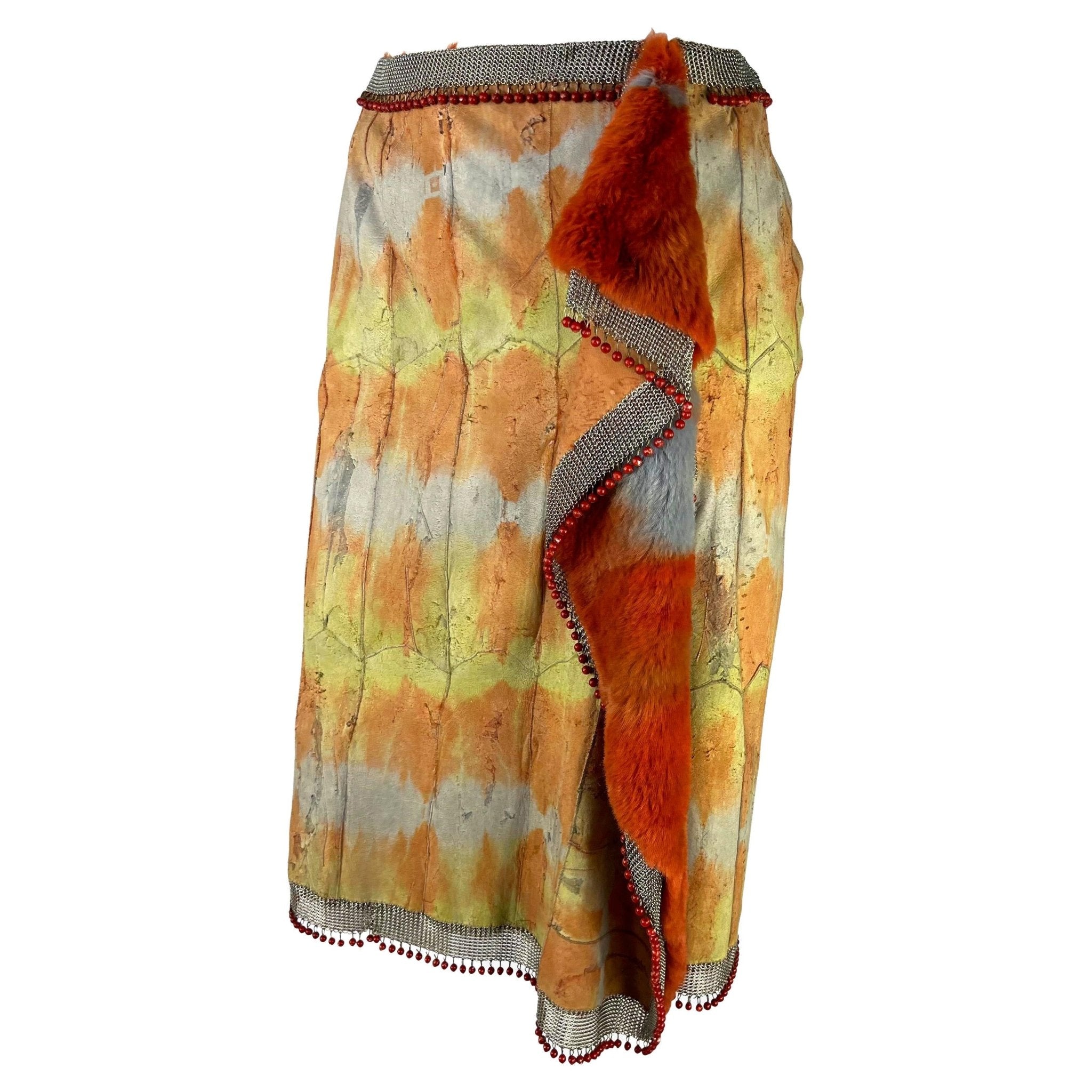 F/W 1999 Gianni Versace by Donatella Runway Ad Dyed Fur Oroton Red Bead Skirt - RealList
