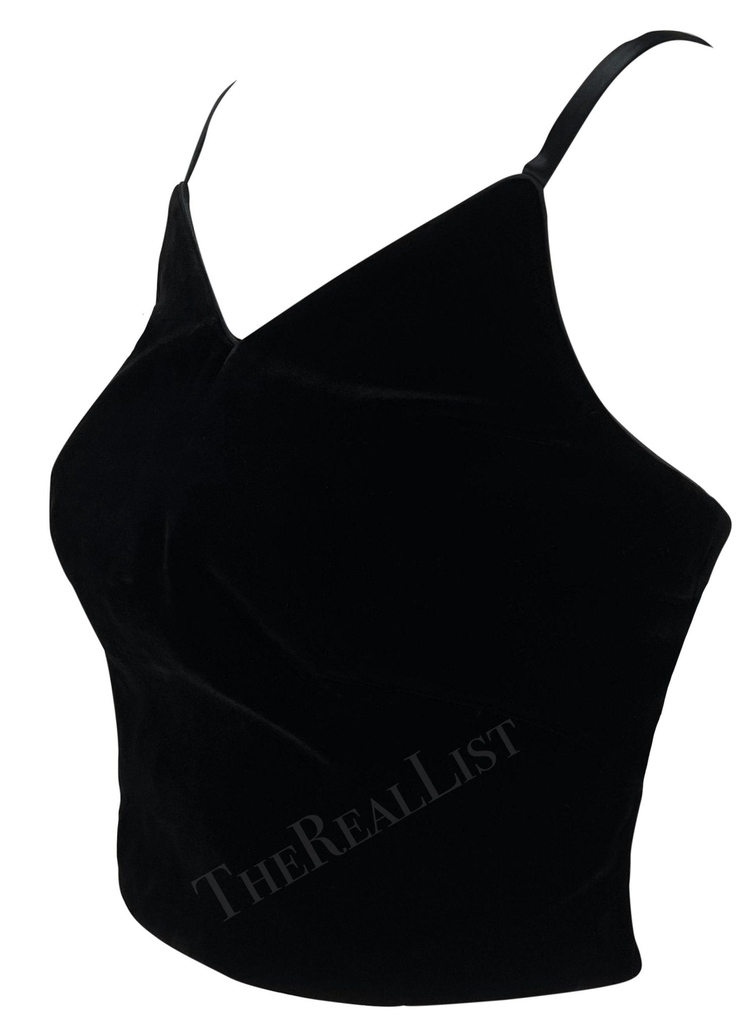 F/W 1999 Giorgio Armani Black Velvet Satin Trim Backless Strap Crop Top - RealList