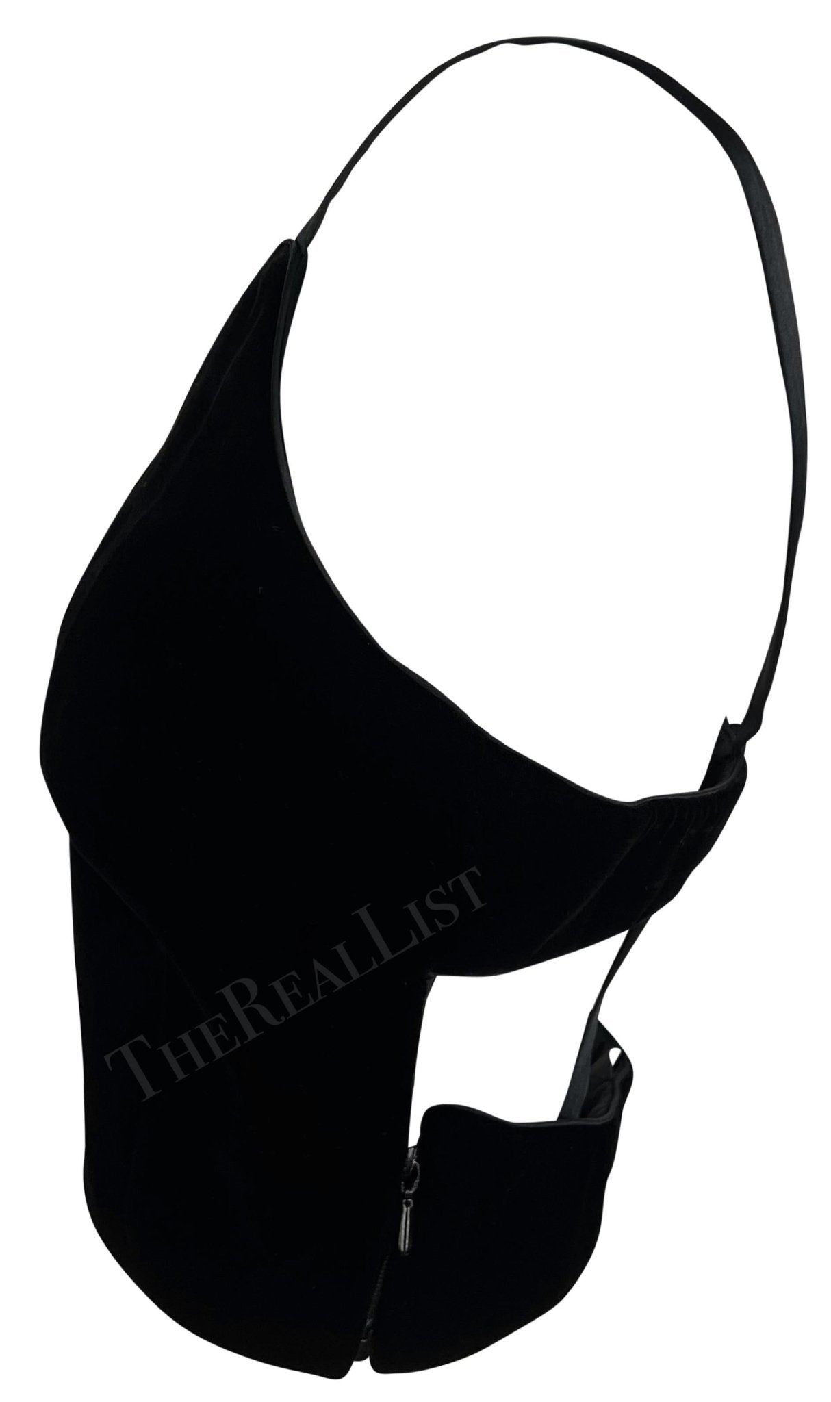 F/W 1999 Giorgio Armani Black Velvet Satin Trim Backless Strap Crop Top - RealList
