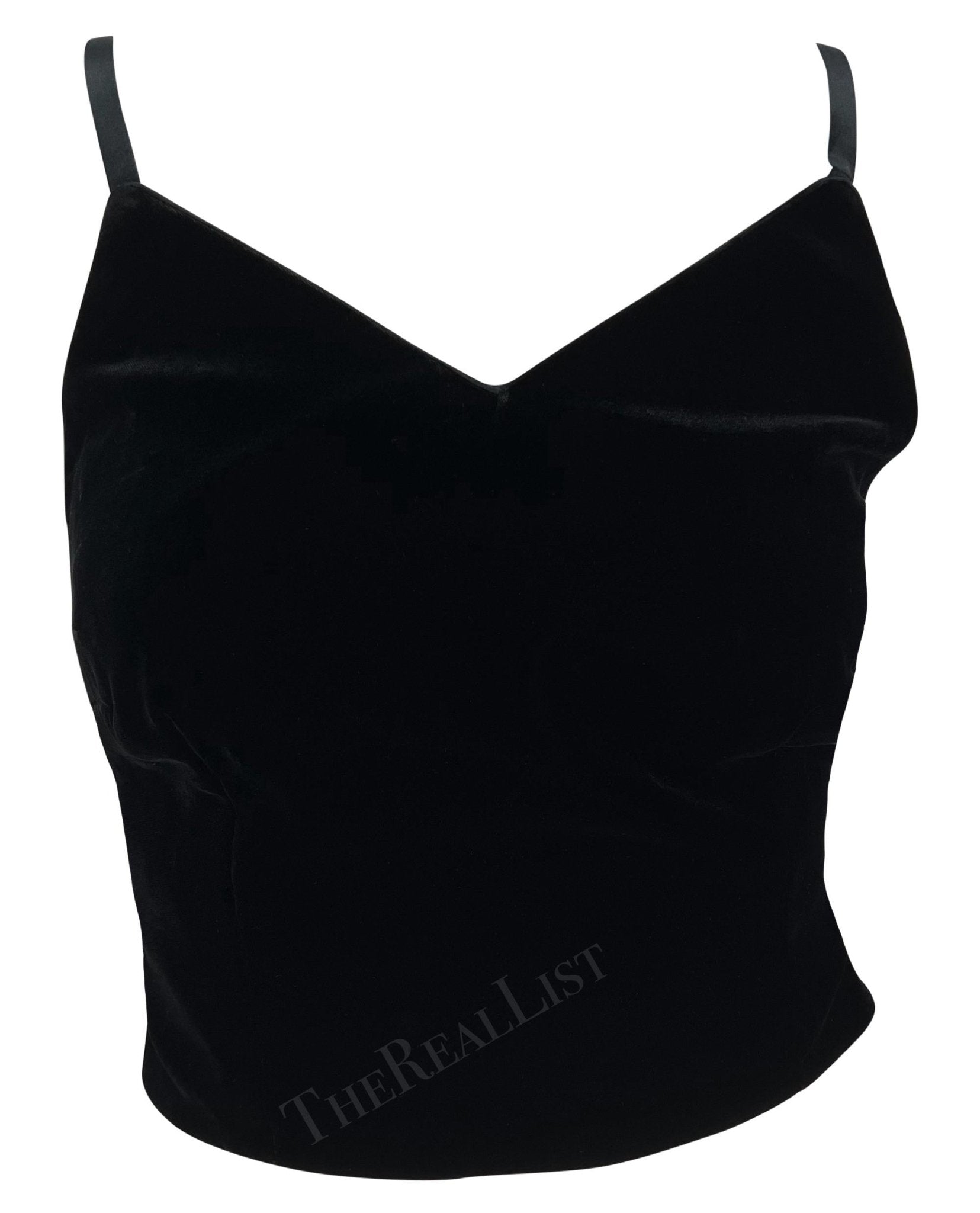 F/W 1999 Giorgio Armani Black Velvet Satin Trim Backless Strap Crop Top - RealList