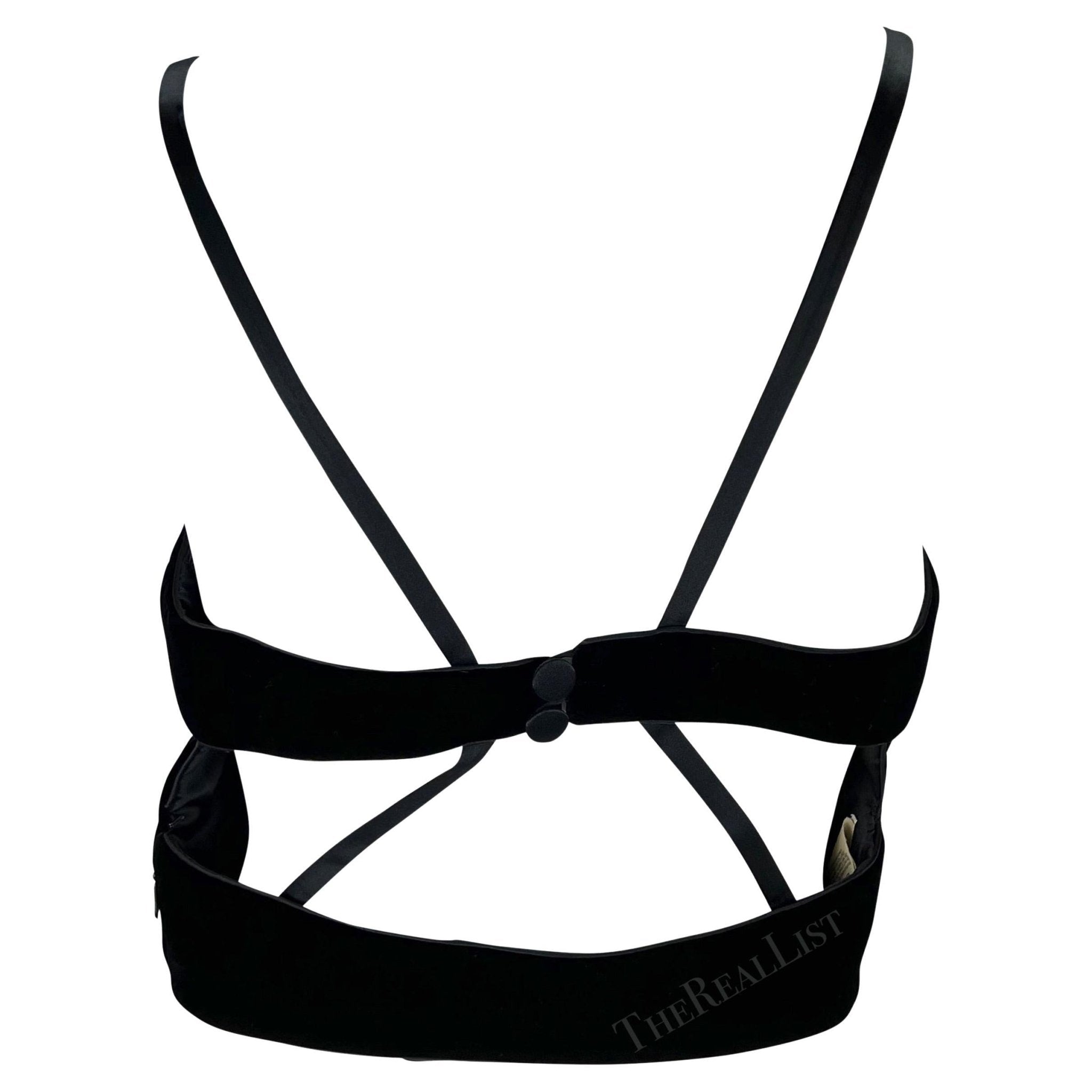 F/W 1999 Giorgio Armani Black Velvet Satin Trim Backless Strap Crop Top - RealList