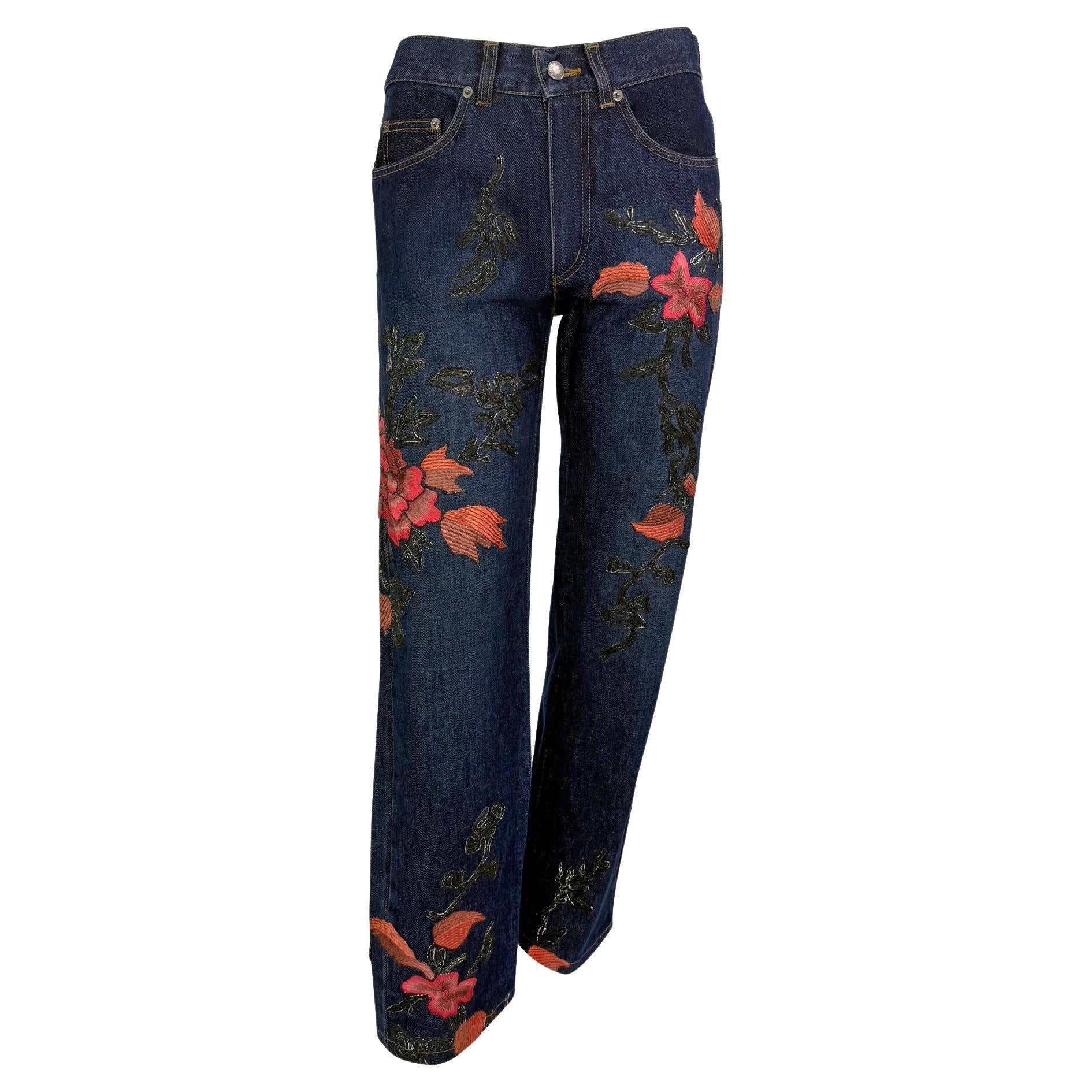 F/W 1999 Gucci by Tom Ford Pink Floral Embroidery Dark Wash Denim Jeans - RealList