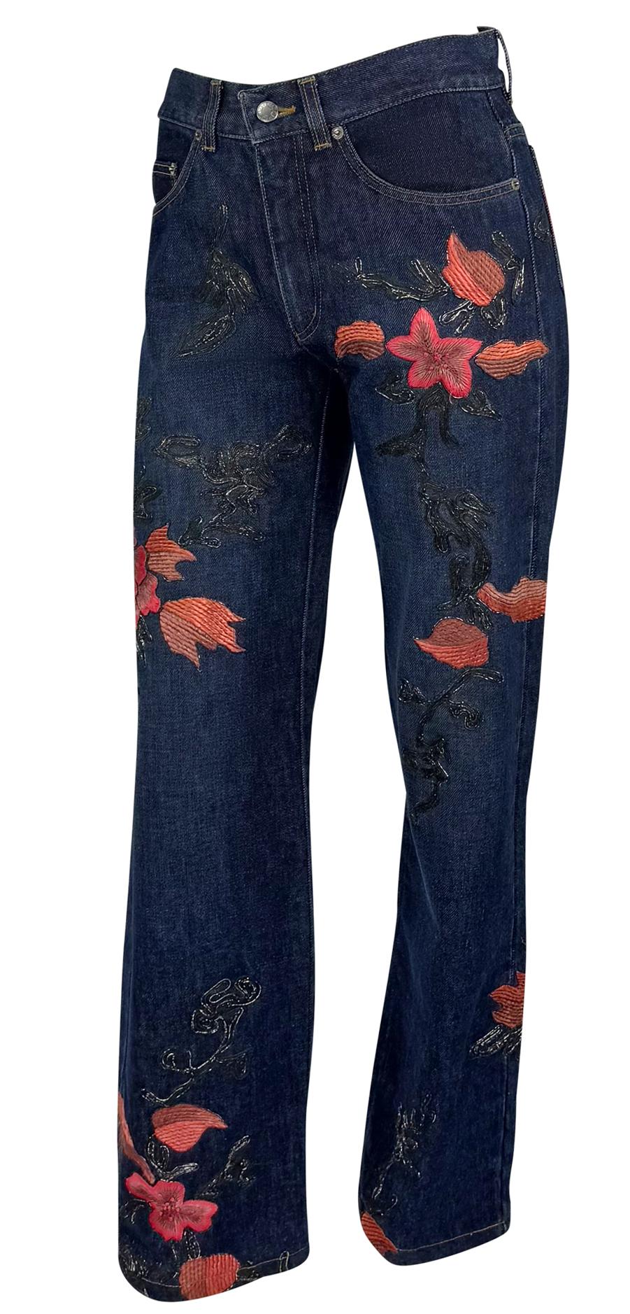 F/W 1999 Gucci by Tom Ford Pink Floral Embroidery Dark Wash Denim Jeans - RealList