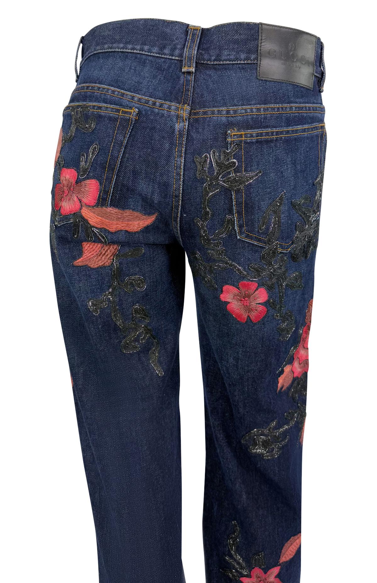 F/W 1999 Gucci by Tom Ford Pink Floral Embroidery Dark Wash Denim Jeans - RealList