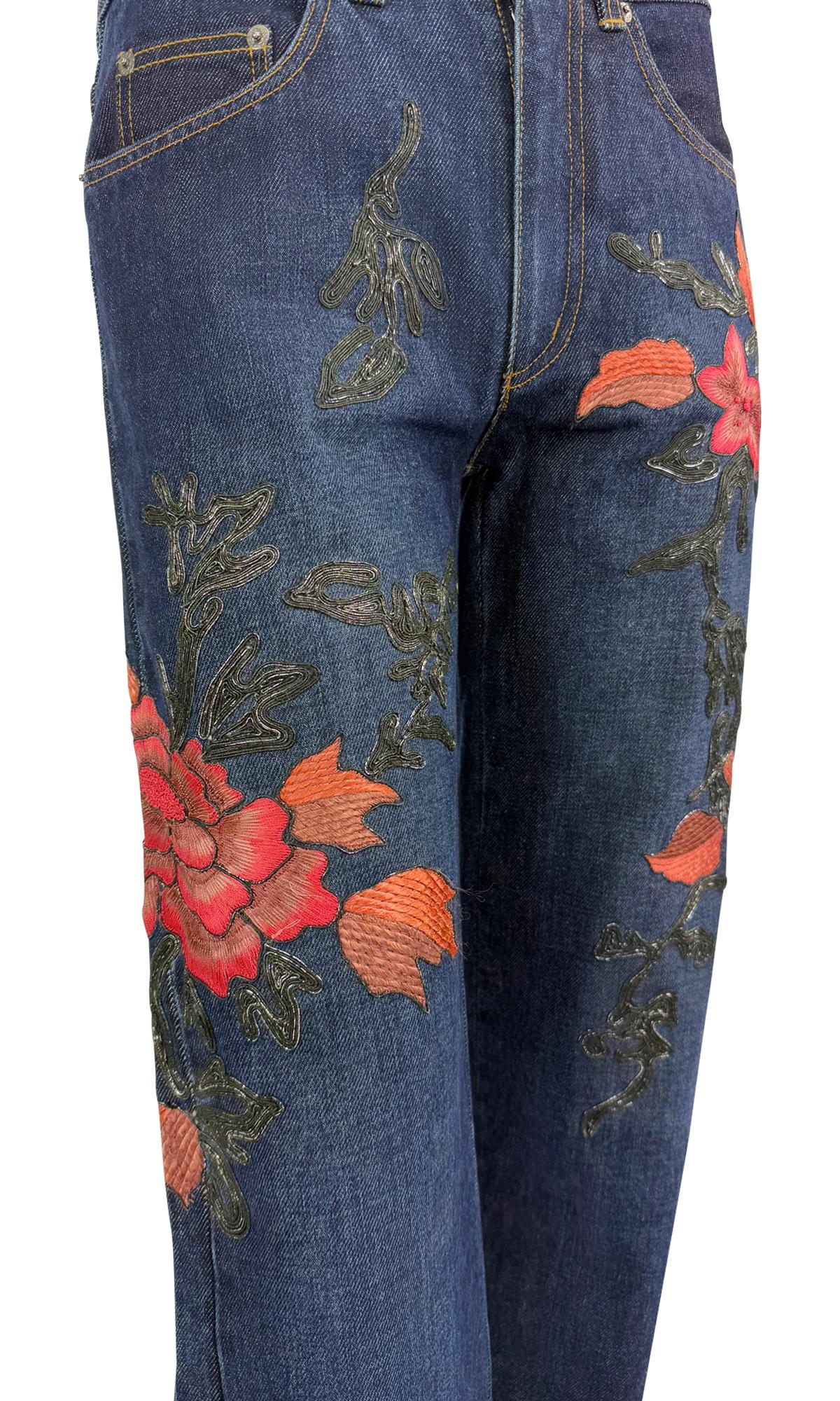 F/W 1999 Gucci by Tom Ford Pink Floral Embroidery Dark Wash Denim Jeans - RealList