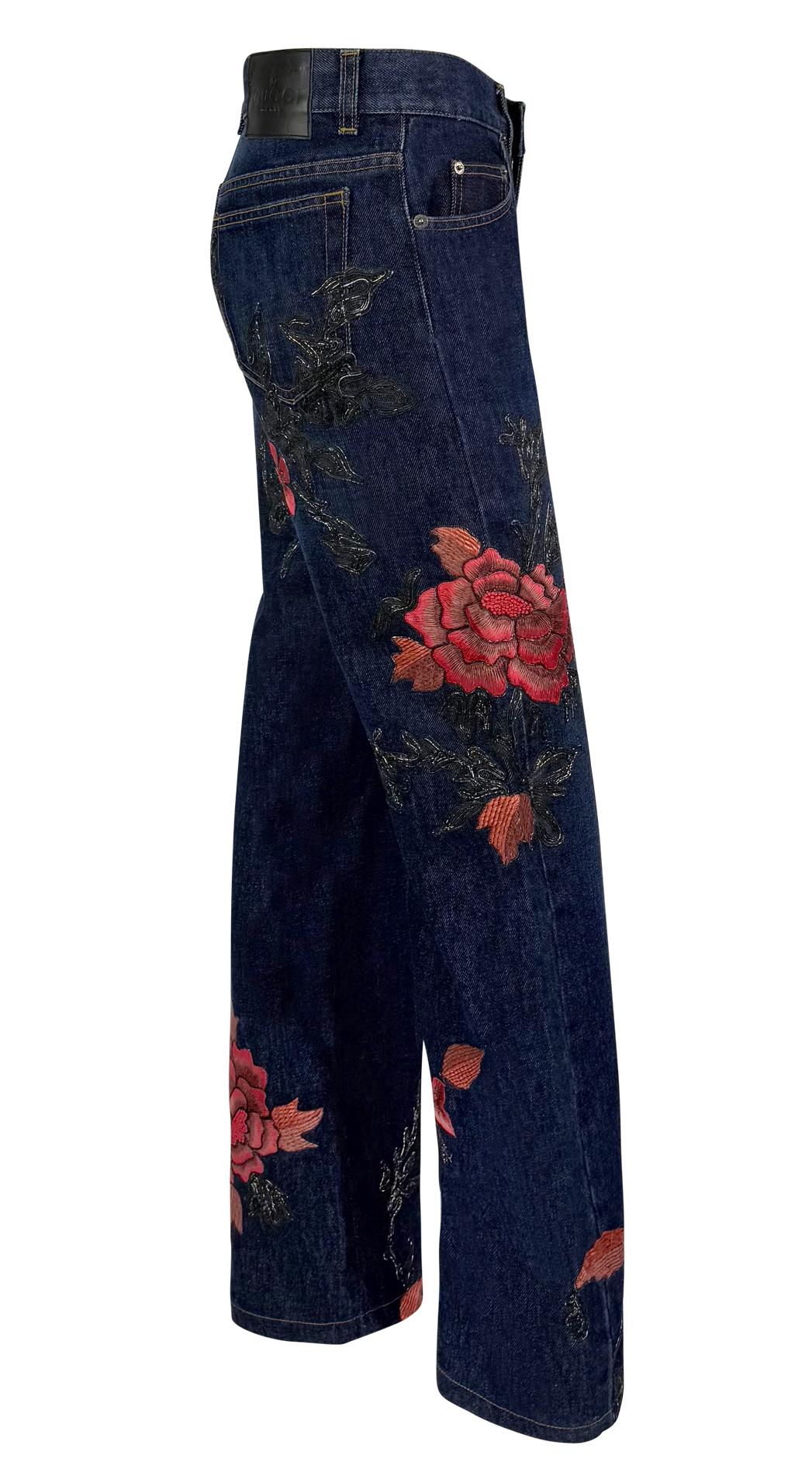 F/W 1999 Gucci by Tom Ford Pink Floral Embroidery Dark Wash Denim Jeans - RealList