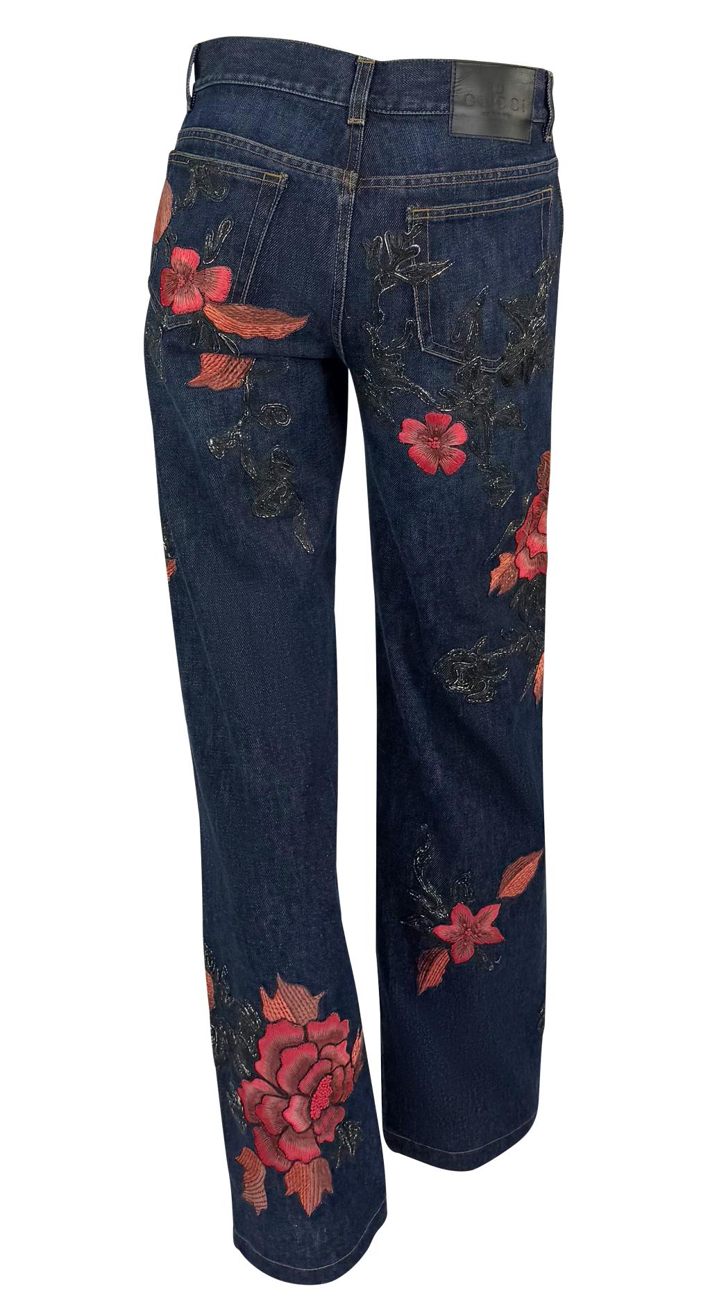 F/W 1999 Gucci by Tom Ford Pink Floral Embroidery Dark Wash Denim Jeans - RealList