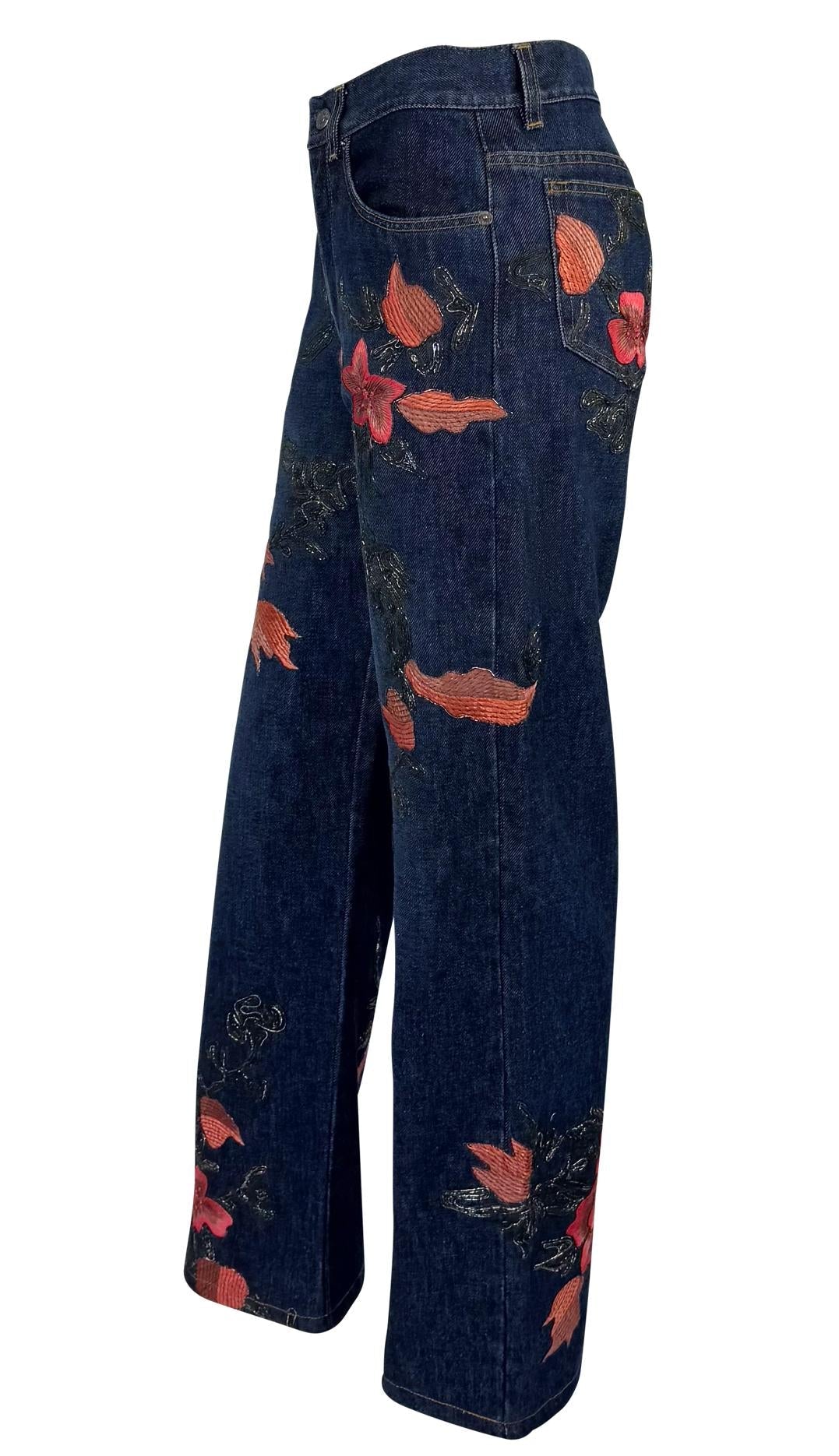 F/W 1999 Gucci by Tom Ford Pink Floral Embroidery Dark Wash Denim Jeans - RealList