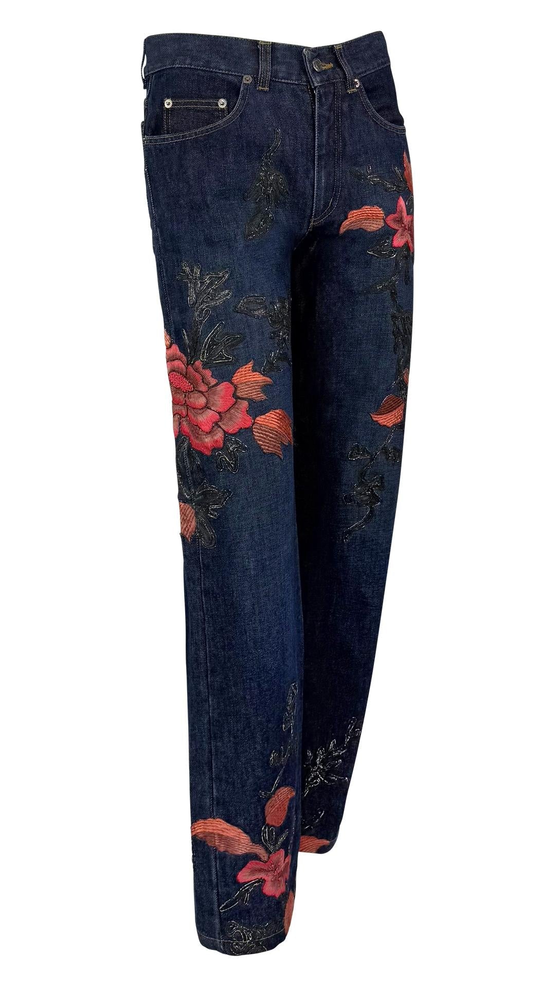 F/W 1999 Gucci by Tom Ford Pink Floral Embroidery Dark Wash Denim Jeans - RealList