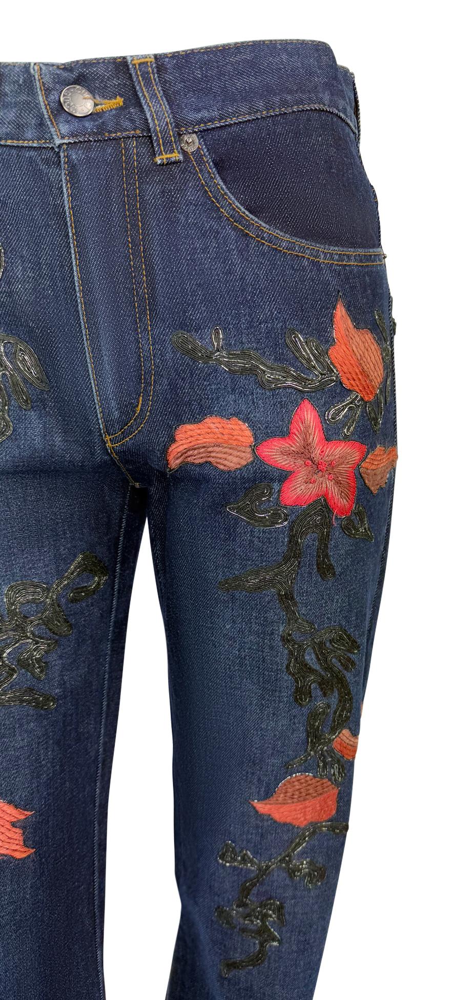 F/W 1999 Gucci by Tom Ford Pink Floral Embroidery Dark Wash Denim Jeans - RealList