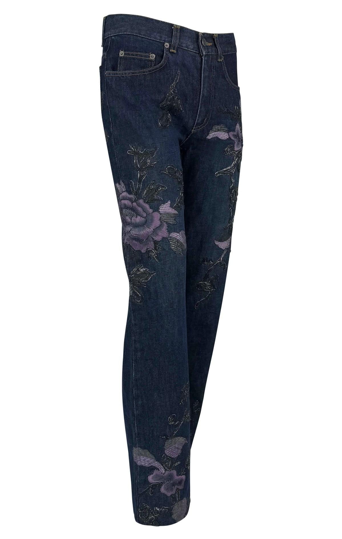 F/W 1999 Gucci by Tom Ford Purple Floral Embroidered Denim Jeans - RealList