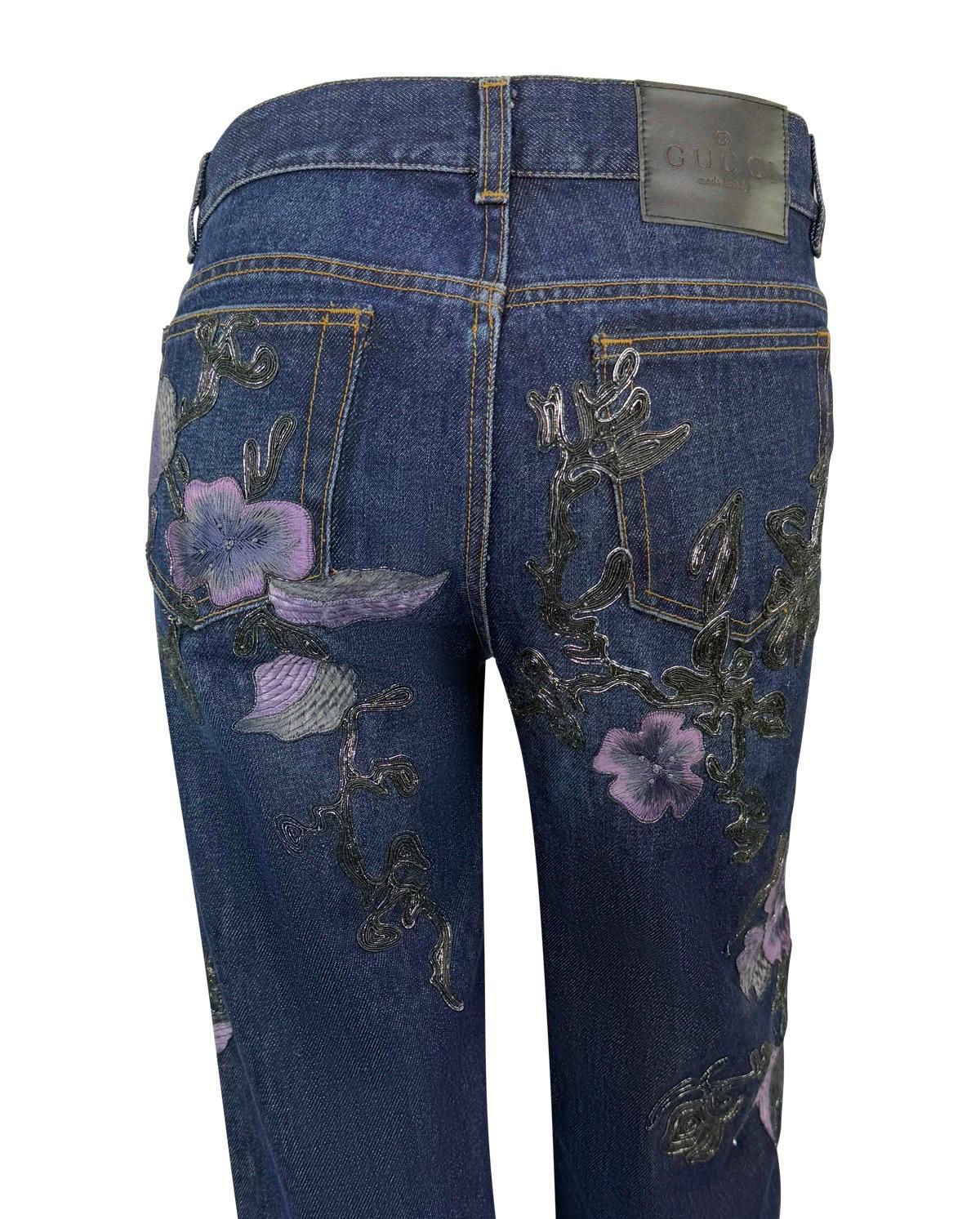 F/W 1999 Gucci by Tom Ford Purple Floral Embroidered Denim Jeans - RealList