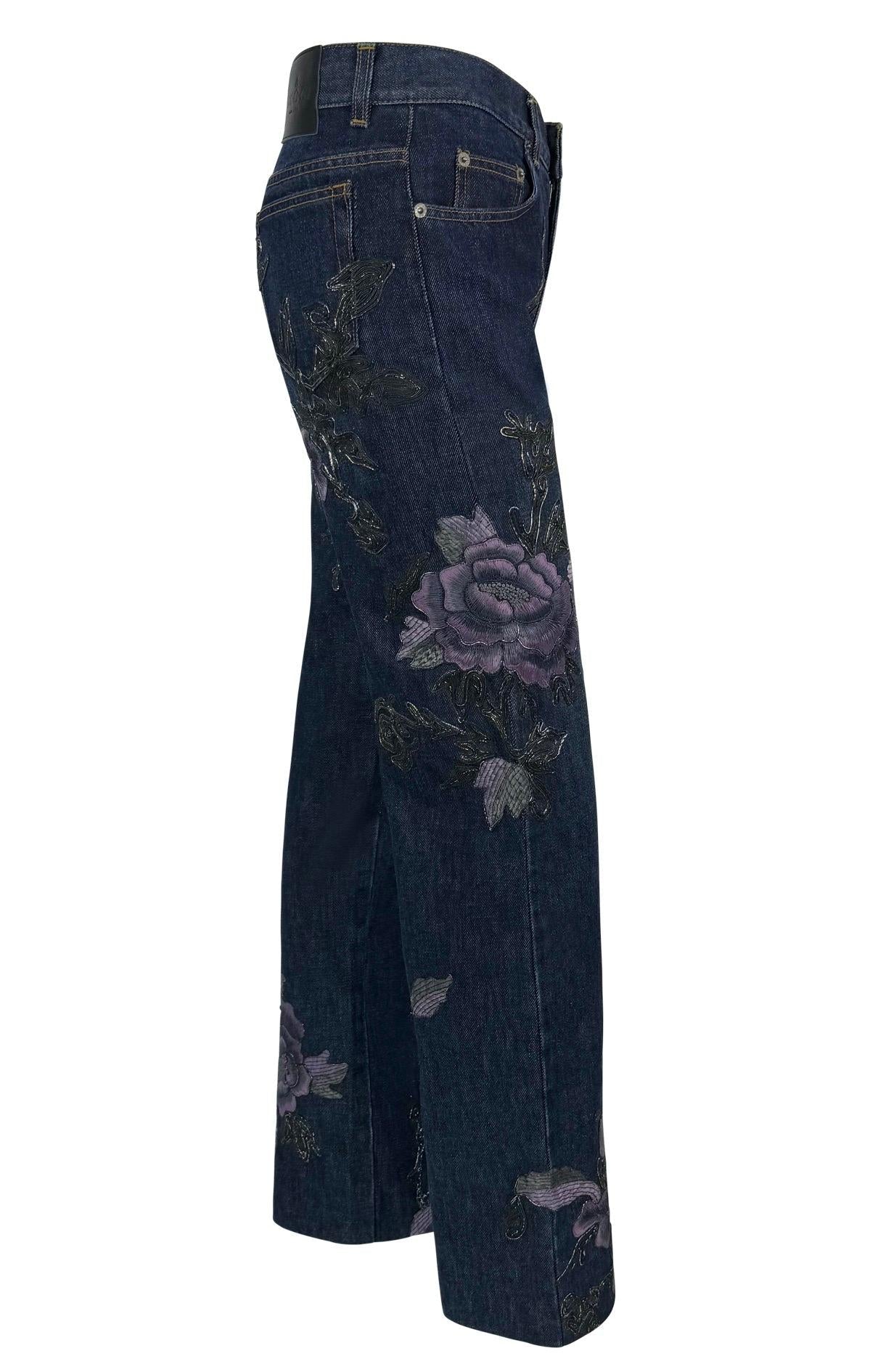 F/W 1999 Gucci by Tom Ford Purple Floral Embroidered Denim Jeans - RealList