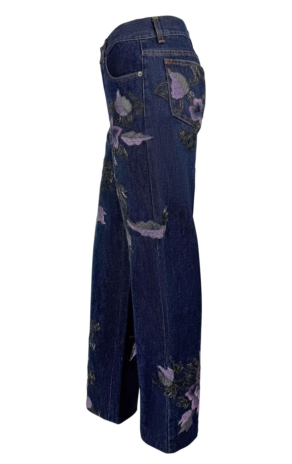 F/W 1999 Gucci by Tom Ford Purple Floral Embroidered Denim Jeans - RealList