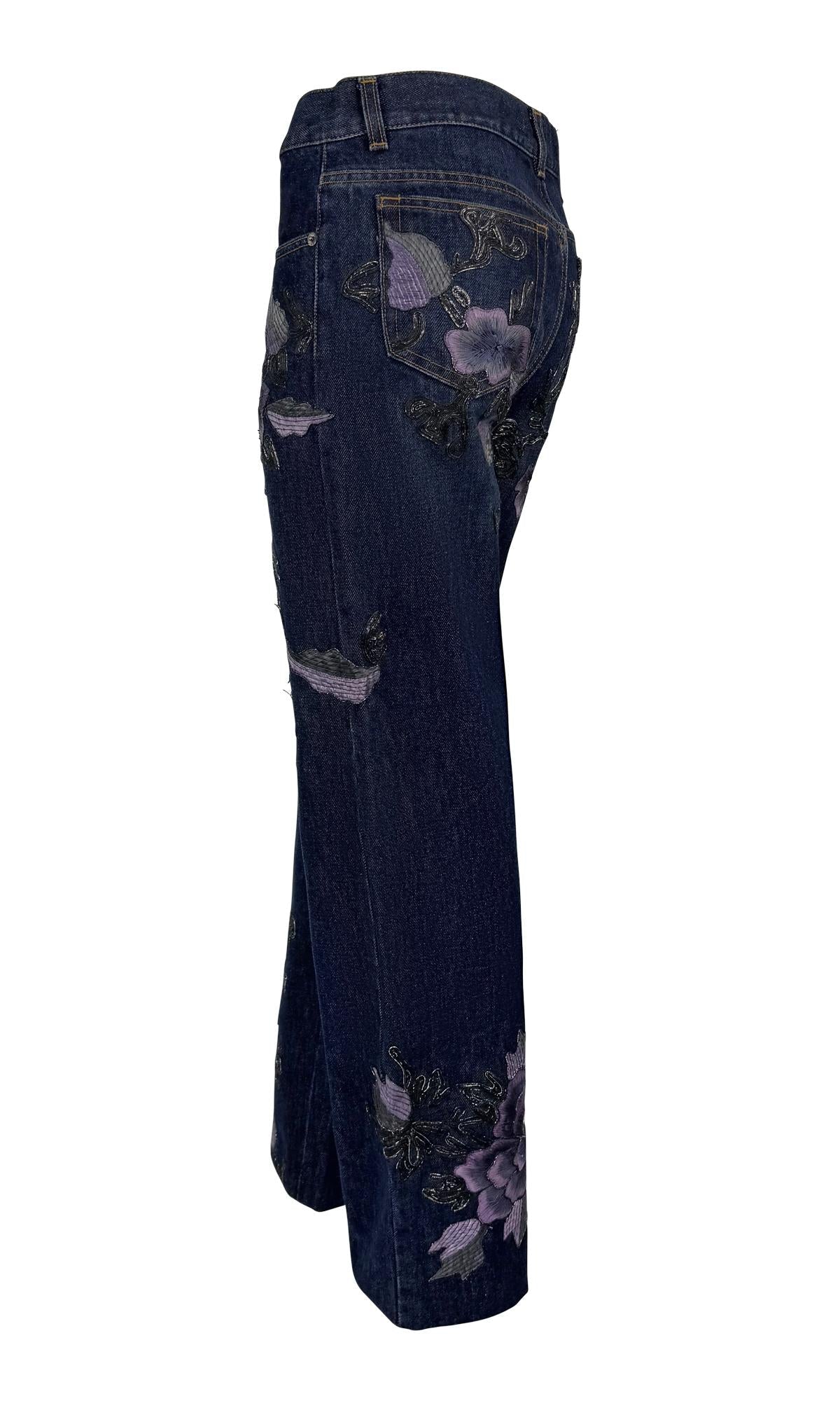 F/W 1999 Gucci by Tom Ford Purple Floral Embroidered Denim Jeans - RealList