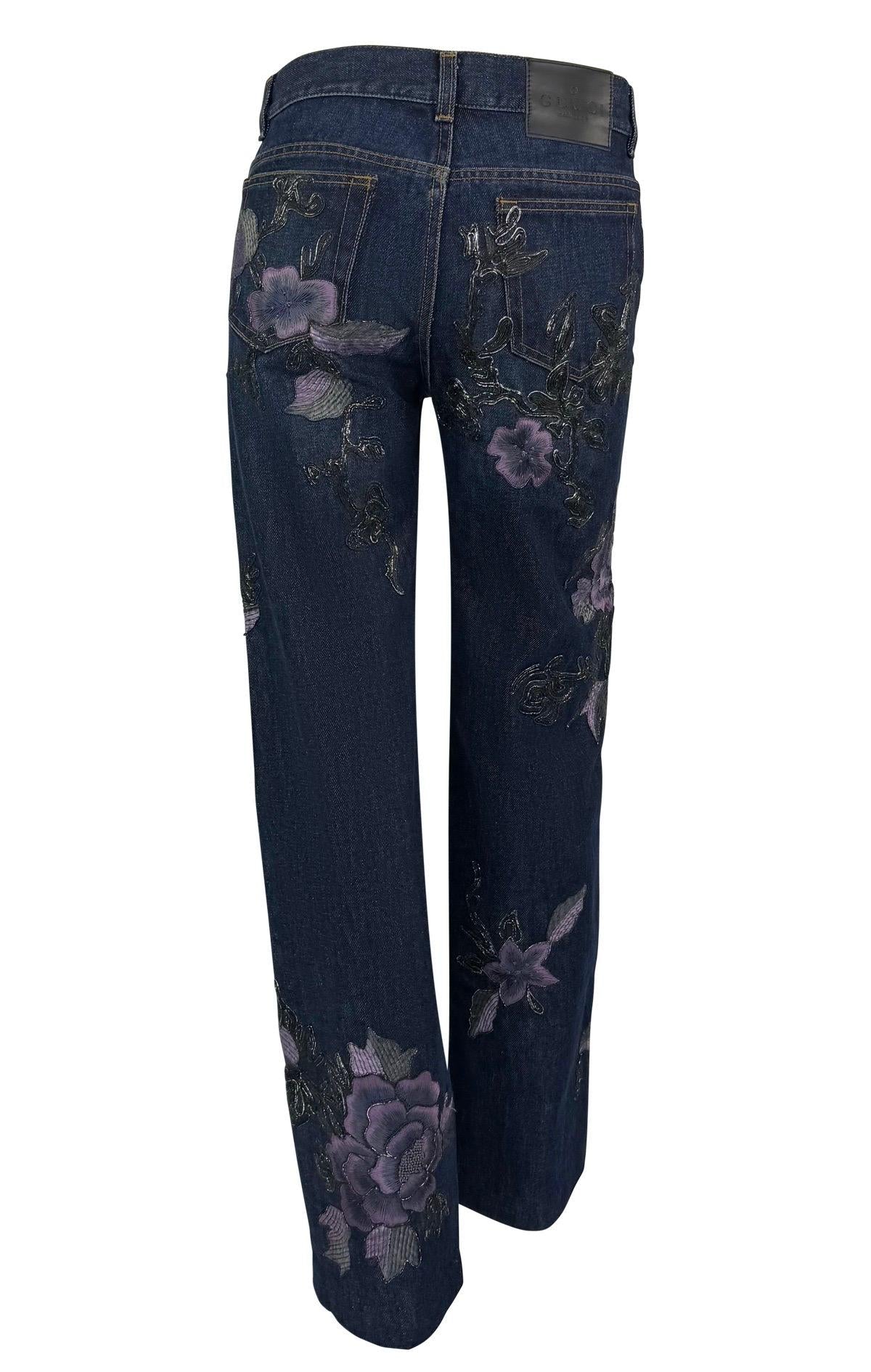 F/W 1999 Gucci by Tom Ford Purple Floral Embroidered Denim Jeans - RealList