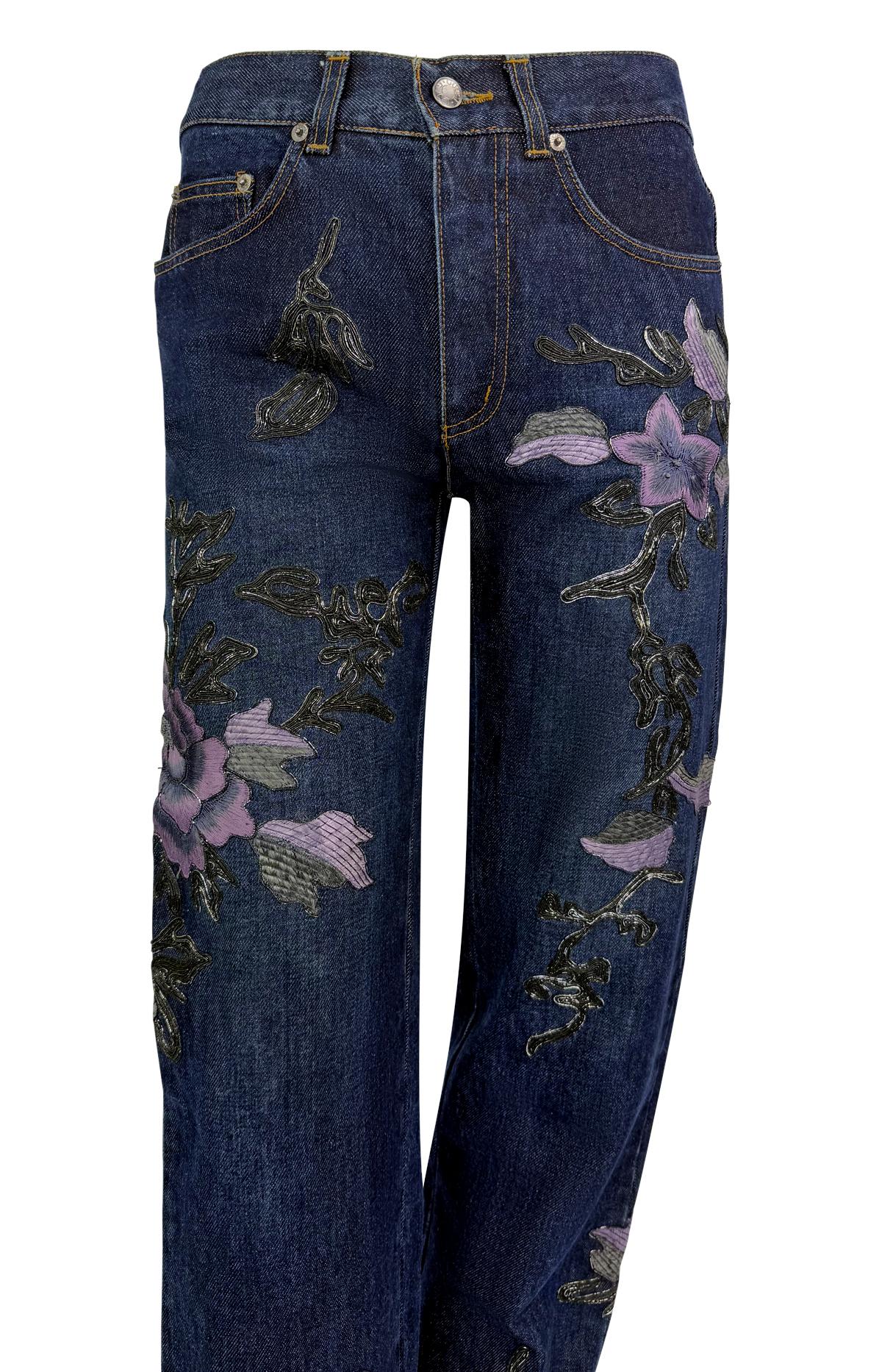 F/W 1999 Gucci by Tom Ford Purple Floral Embroidered Denim Jeans - RealList