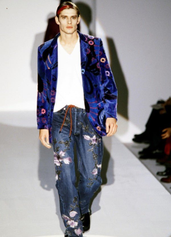 F/W 1999 Gucci by Tom Ford Purple Floral Embroidered Denim Jeans - RealList