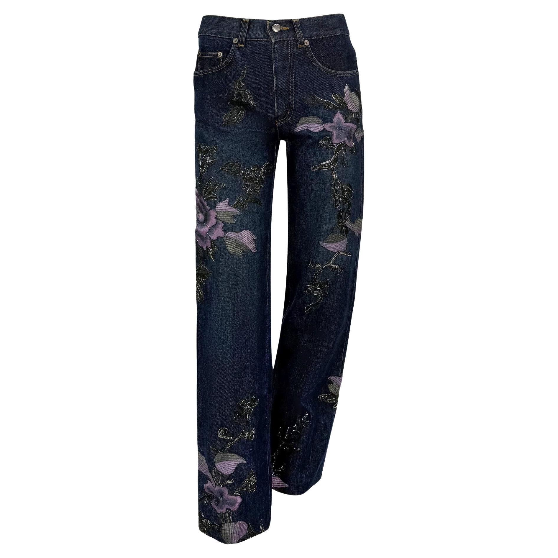 F/W 1999 Gucci by Tom Ford Purple Floral Embroidered Denim Jeans - RealList