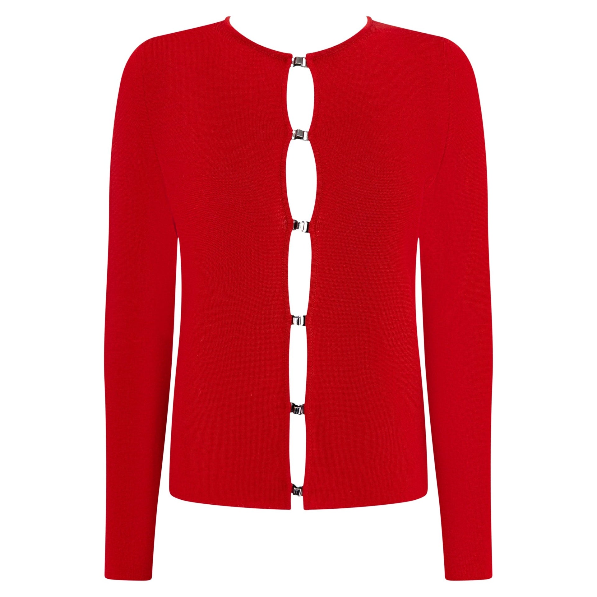 F/W 1999 Gucci by Tom Ford Red Fleece Wool Metal Hook Closure Sweater Top - RealList