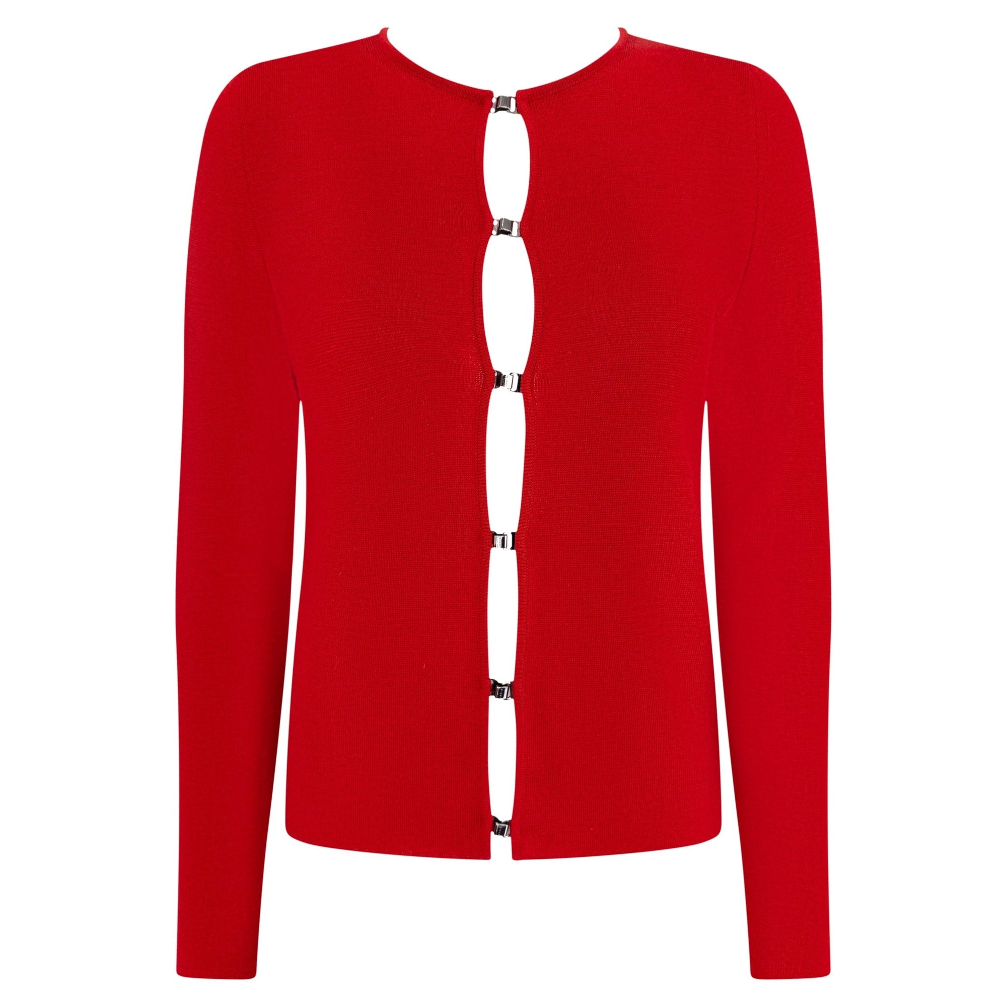 F/W 1999 Gucci by Tom Ford Red Fleece Wool Metal Hook Closure Sweater Top - RealList