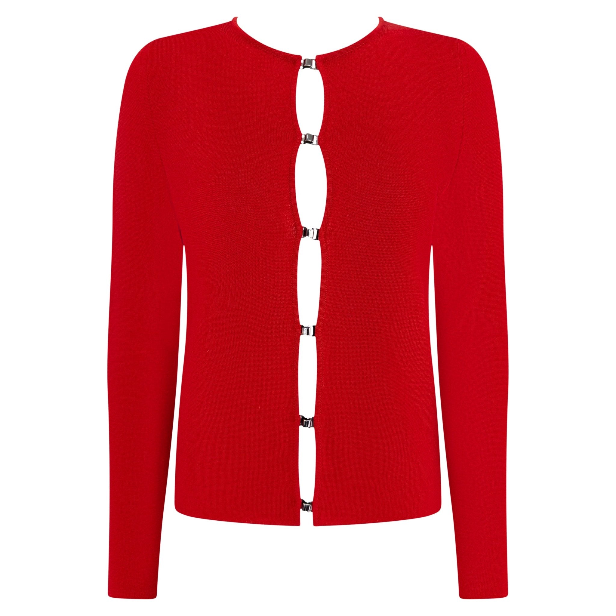 F/W 1999 Gucci by Tom Ford Red Fleece Wool Metal Hook Closure Sweater Top - RealList