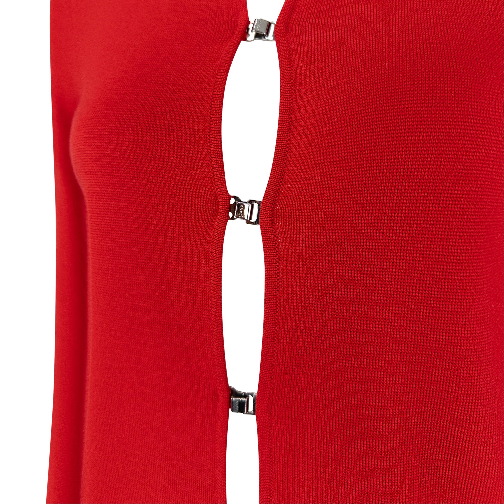 F/W 1999 Gucci by Tom Ford Red Fleece Wool Metal Hook Closure Sweater Top - RealList