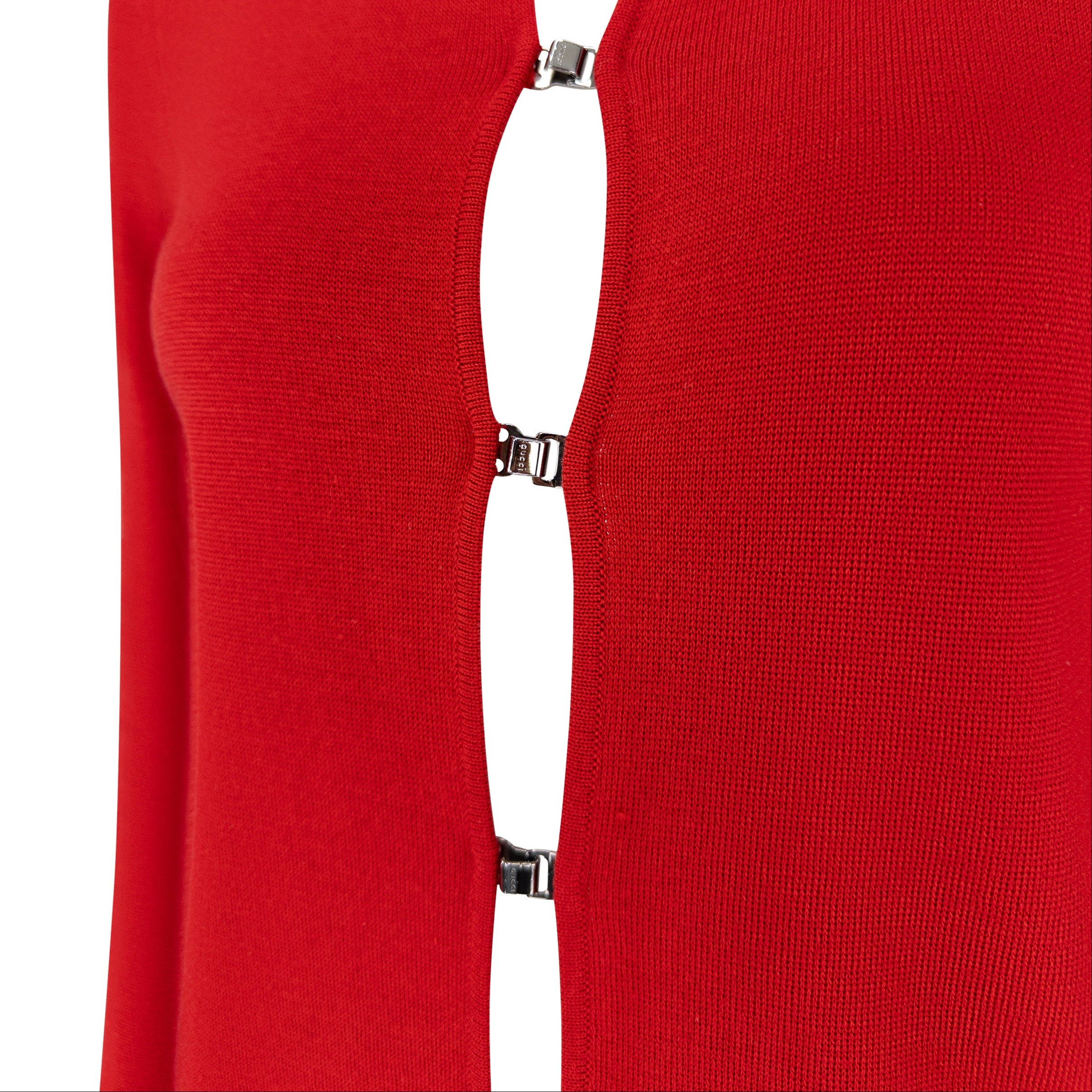 F/W 1999 Gucci by Tom Ford Red Fleece Wool Metal Hook Closure Sweater Top - RealList