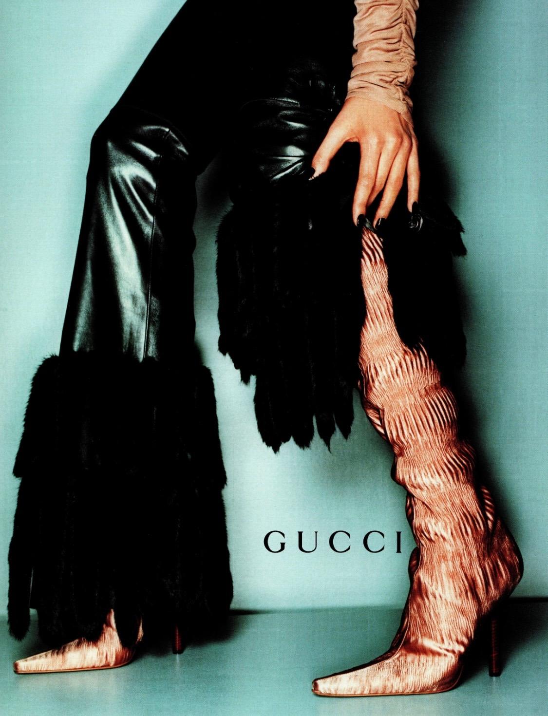 F/W 1999 Gucci by Tom Ford Ruched Silk 4.5" Heeled Boots Ad Campaign Size 38C - RealList