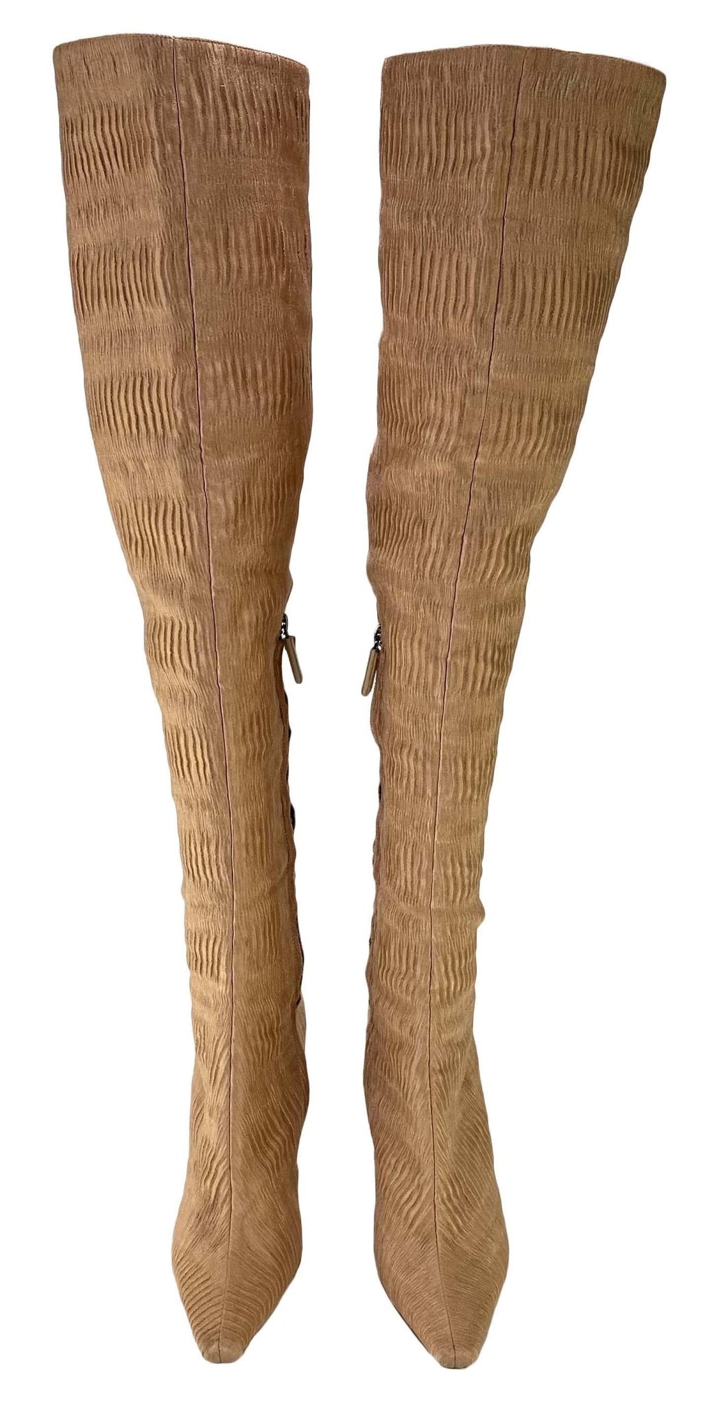 F/W 1999 Gucci by Tom Ford Ruched Silk 4.5" Heeled Boots Ad Campaign Size 38C - RealList