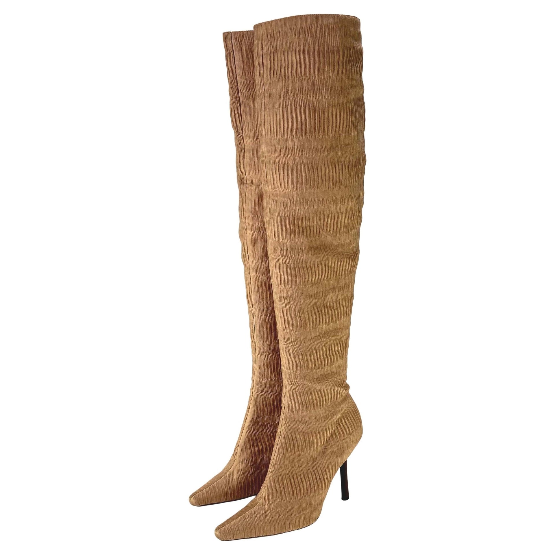 F/W 1999 Gucci by Tom Ford Ruched Silk 4.5" Heeled Boots Ad Campaign Size 38C - RealList